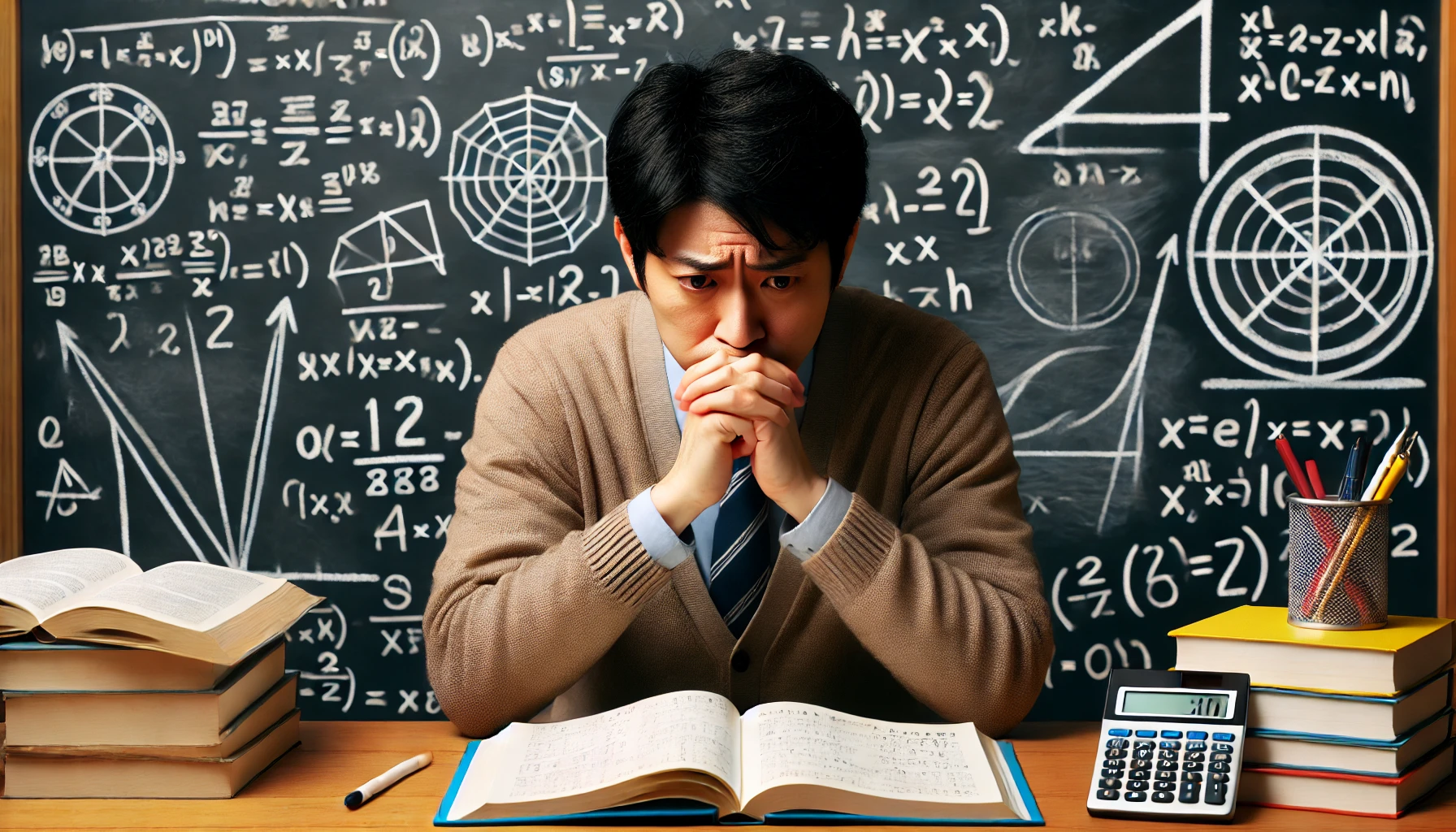 A worried Japanese adult, sitting at a desk with a math textbook open, surrounded by mathematical formulas on a blackboard in the background. The scene should evoke the frustration of struggling with mathematics.