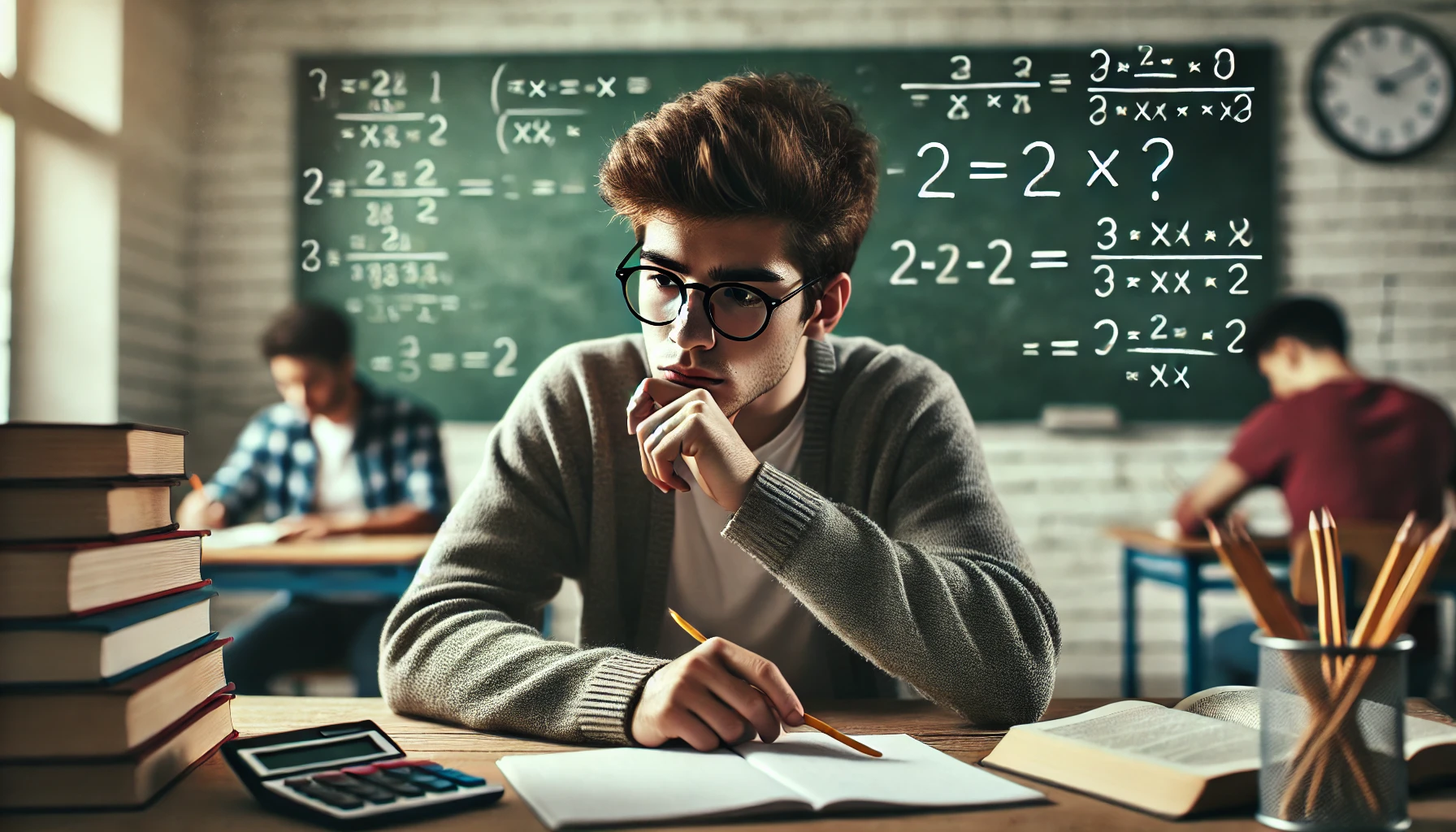 A thoughtful student with glasses sitting at a desk, struggling with a math problem. The background shows a classroom with a chalkboard full of math equations. The student appears frustrated but determined. The overall atmosphere is focused and studious.