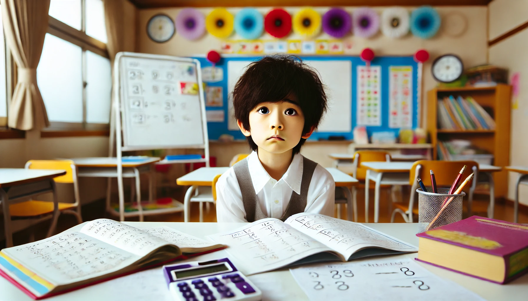 A Japanese elementary school student with a puzzled expression, sitting at a desk with math books and papers spread out. The background shows a bright classroom with colorful decorations and a whiteboard with simple math problems. The student looks confused but focused on solving the problem.