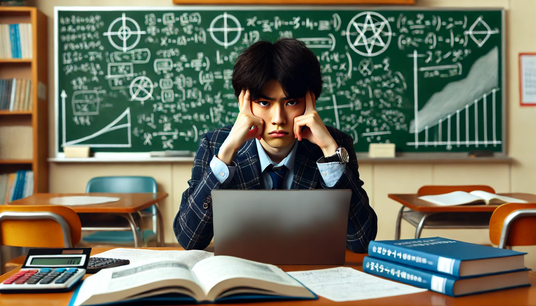 A Japanese high school student with a frustrated expression, sitting at a desk filled with advanced math textbooks and a laptop. The background shows a classroom with a chalkboard displaying complex equations and graphs. The student looks stressed but focused on understanding the material.