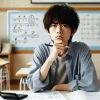 A Japanese middle school student looking confused, sitting at a desk with math homework and notes scattered around. The background shows a typical classroom setting with desks, chairs, and a whiteboard displaying algebra equations. The student appears deep in thought, trying to solve a math problem.