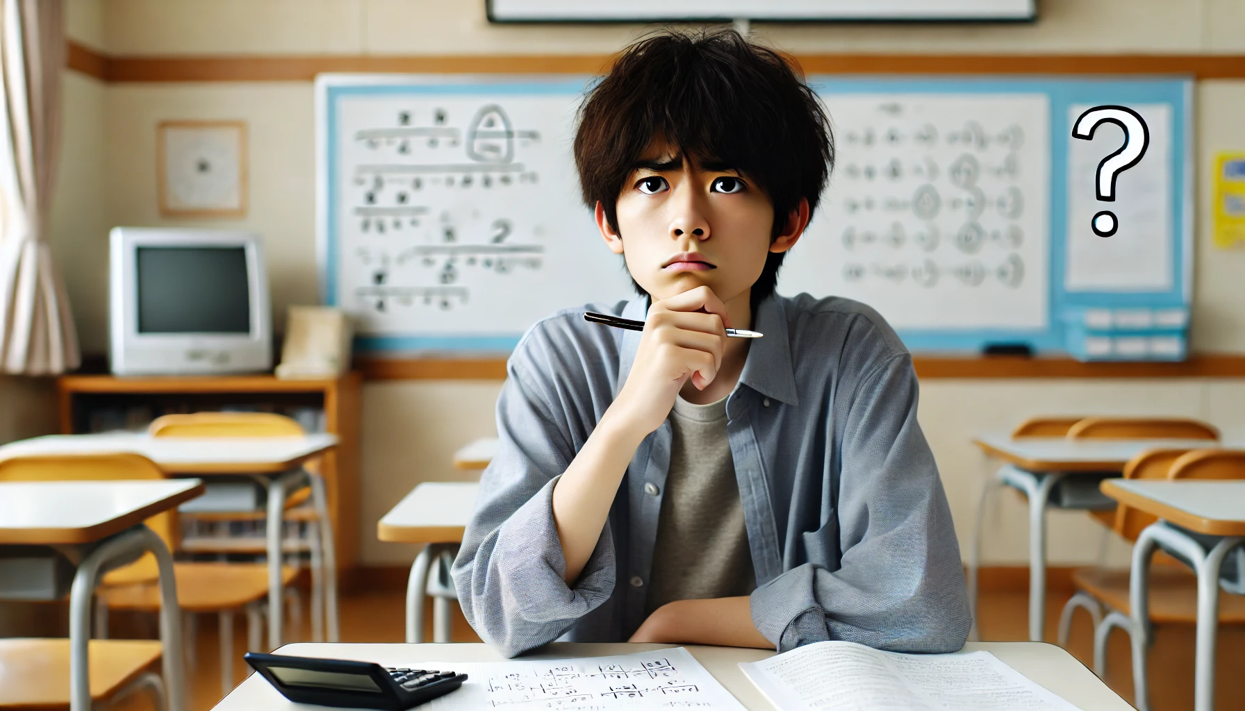 A Japanese middle school student looking confused, sitting at a desk with math homework and notes scattered around. The background shows a typical classroom setting with desks, chairs, and a whiteboard displaying algebra equations. The student appears deep in thought, trying to solve a math problem.