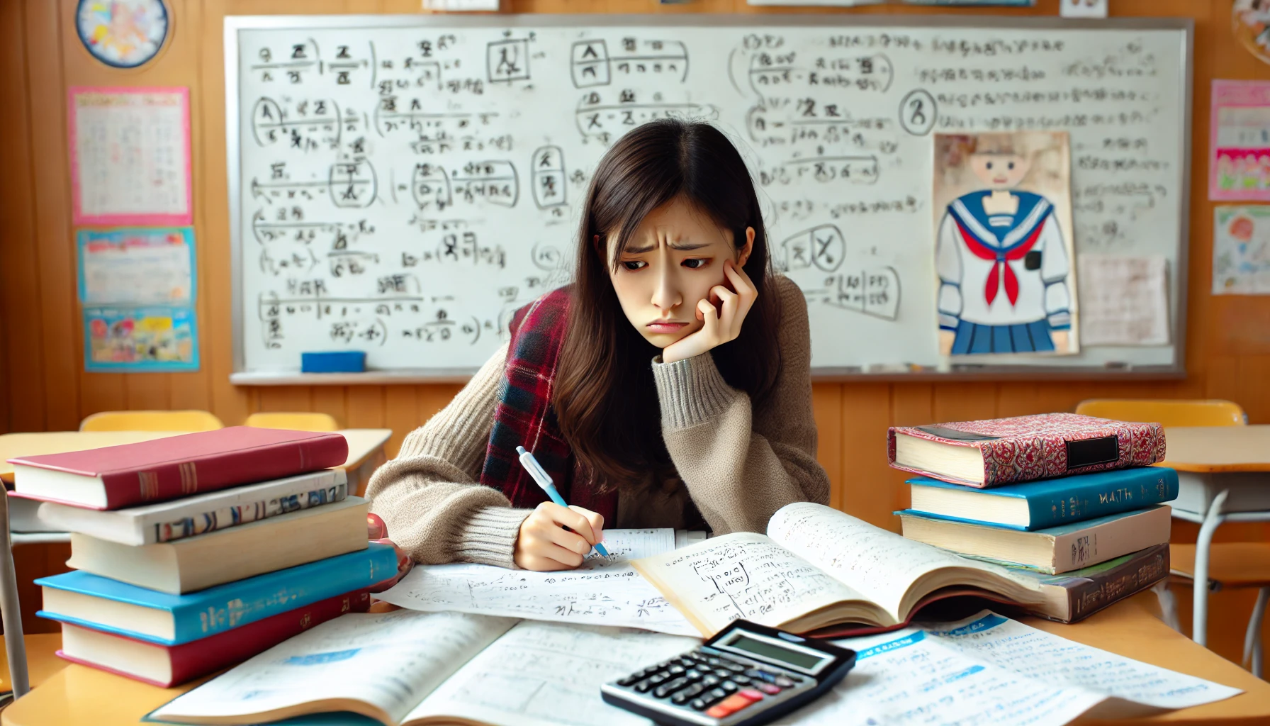 A Japanese student struggling with math homework, surrounded by textbooks and notebooks, looking confused. The setting is a typical Japanese school desk. The background is a classroom with a whiteboard showing math equations.