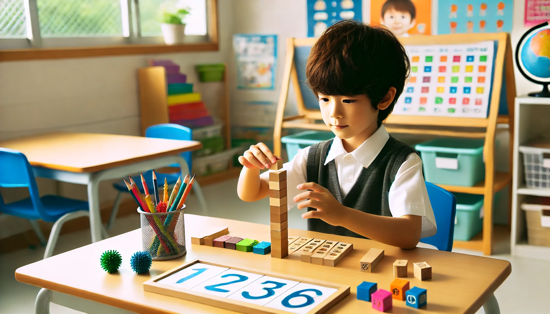 A Japanese elementary school student sitting at a desk, using blocks and visual aids to understand basic math concepts. The setting is a bright and colorful classroom, with posters and educational materials on the walls.