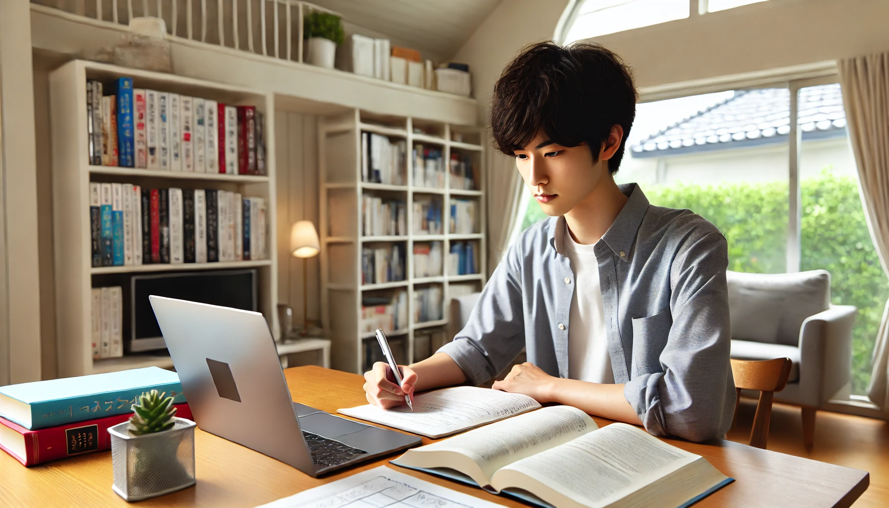 A Japanese high school student studying math at a desk, with advanced textbooks and a laptop open. The setting is a modern study room with shelves full of books and a clean, organized workspace. The student looks focused and determined.