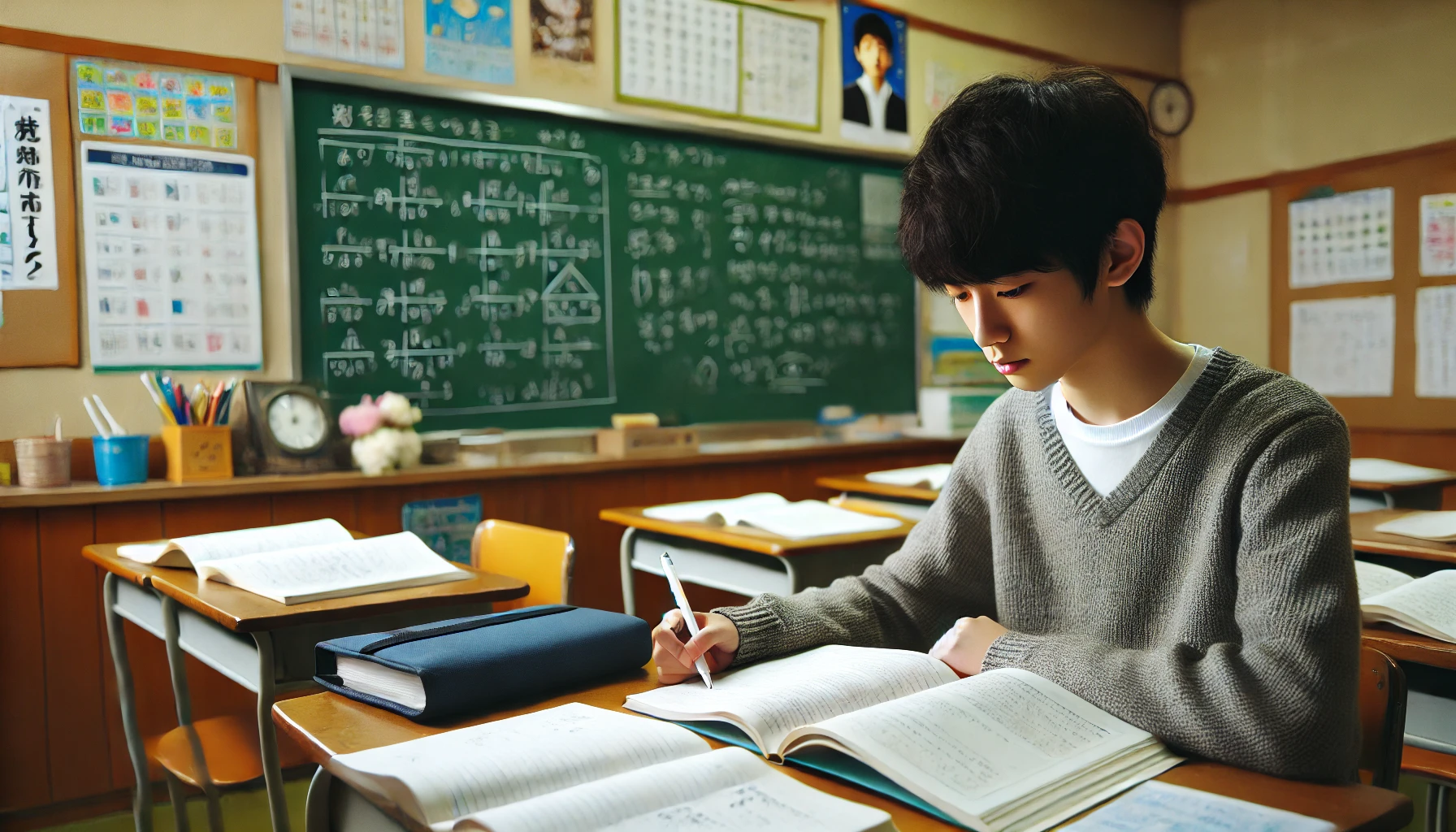 A Japanese middle school student studying math at a desk, with textbooks and notebooks open. The setting is a typical Japanese classroom with math posters on the walls and a blackboard filled with math equations. The student appears focused and engaged.