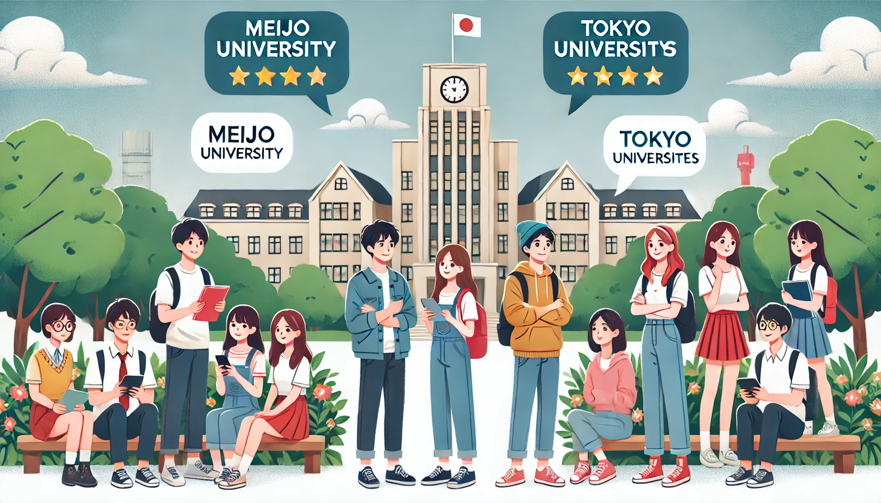 Illustration of university students giving feedback and reviews about their experiences at Meijo University and Tokyo universities. Two groups of students, each sharing their opinions in a friendly, relaxed campus setting. Japanese students engaged in conversation with notebooks and smartphones.