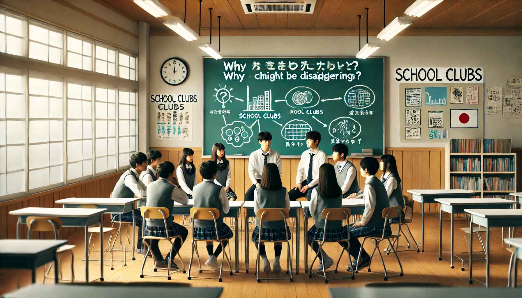 A-Japanese-classroom-with-students-participating-in-an-engaging-group-discussion-about-why-school-clubs-might-be-disappearing