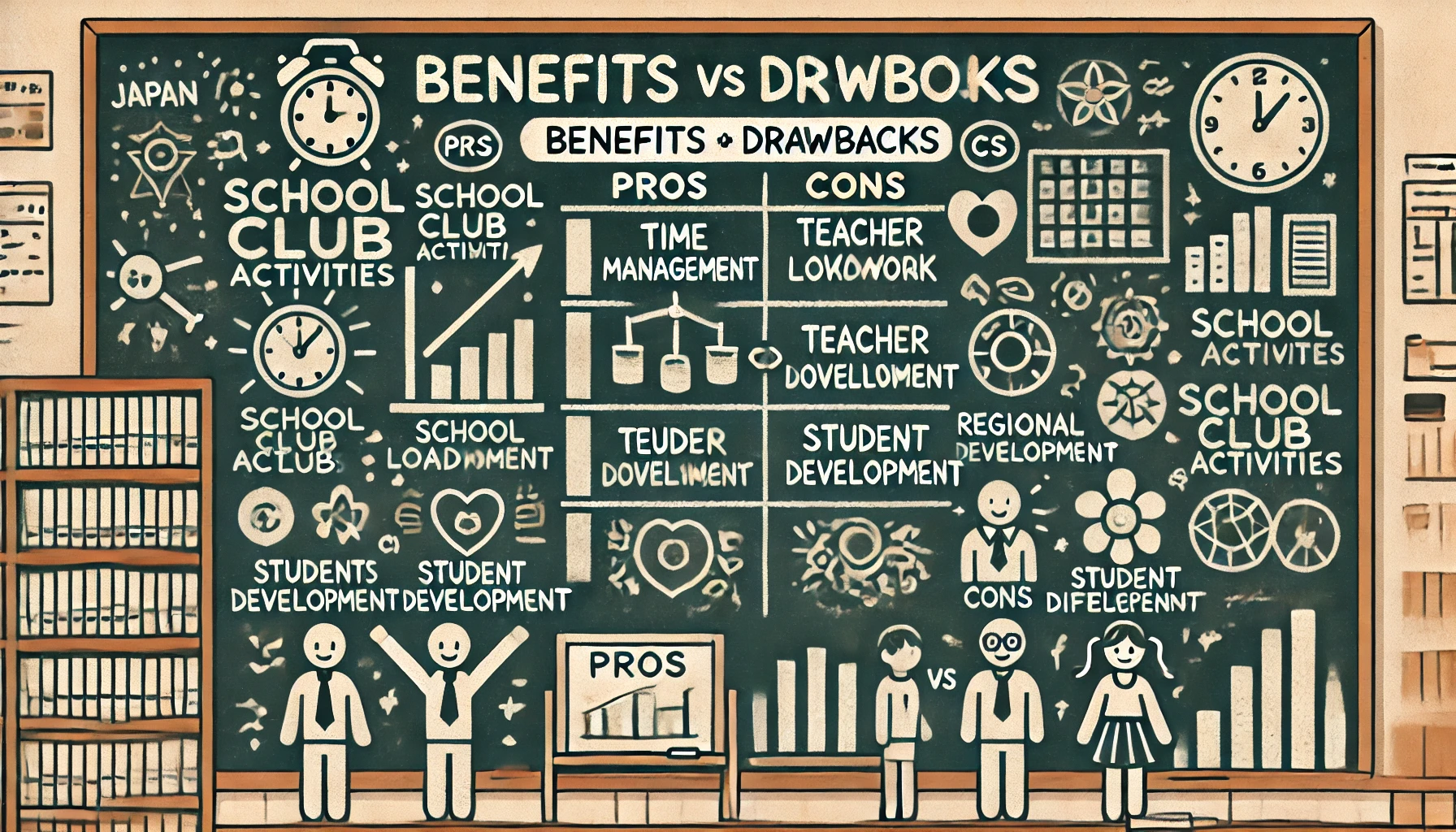 A-visual-representation-of-the-benefits-and-drawbacks-of-school-club-activities-in-Japan.-The-image-includes-icons-and-symbols-representing-different