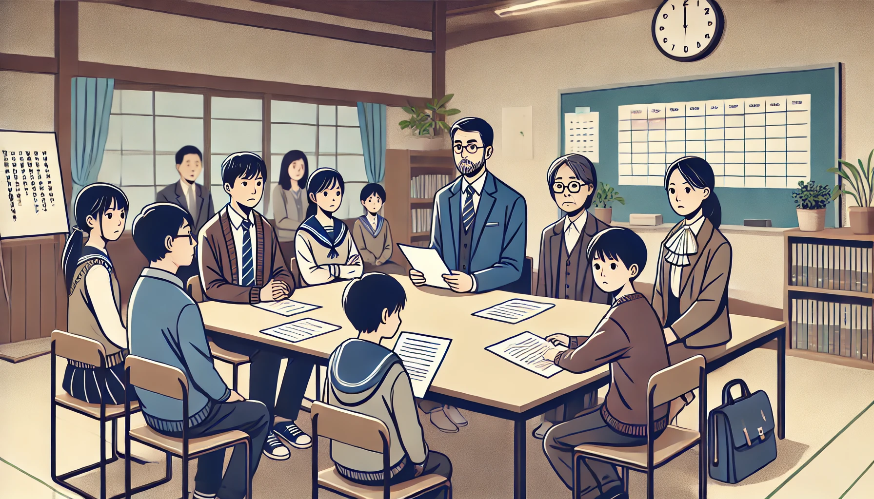 A-Japanese-middle-school-setting-with-worried-parents-and-students-discussing-the-upcoming-changes-to-school-club-activities