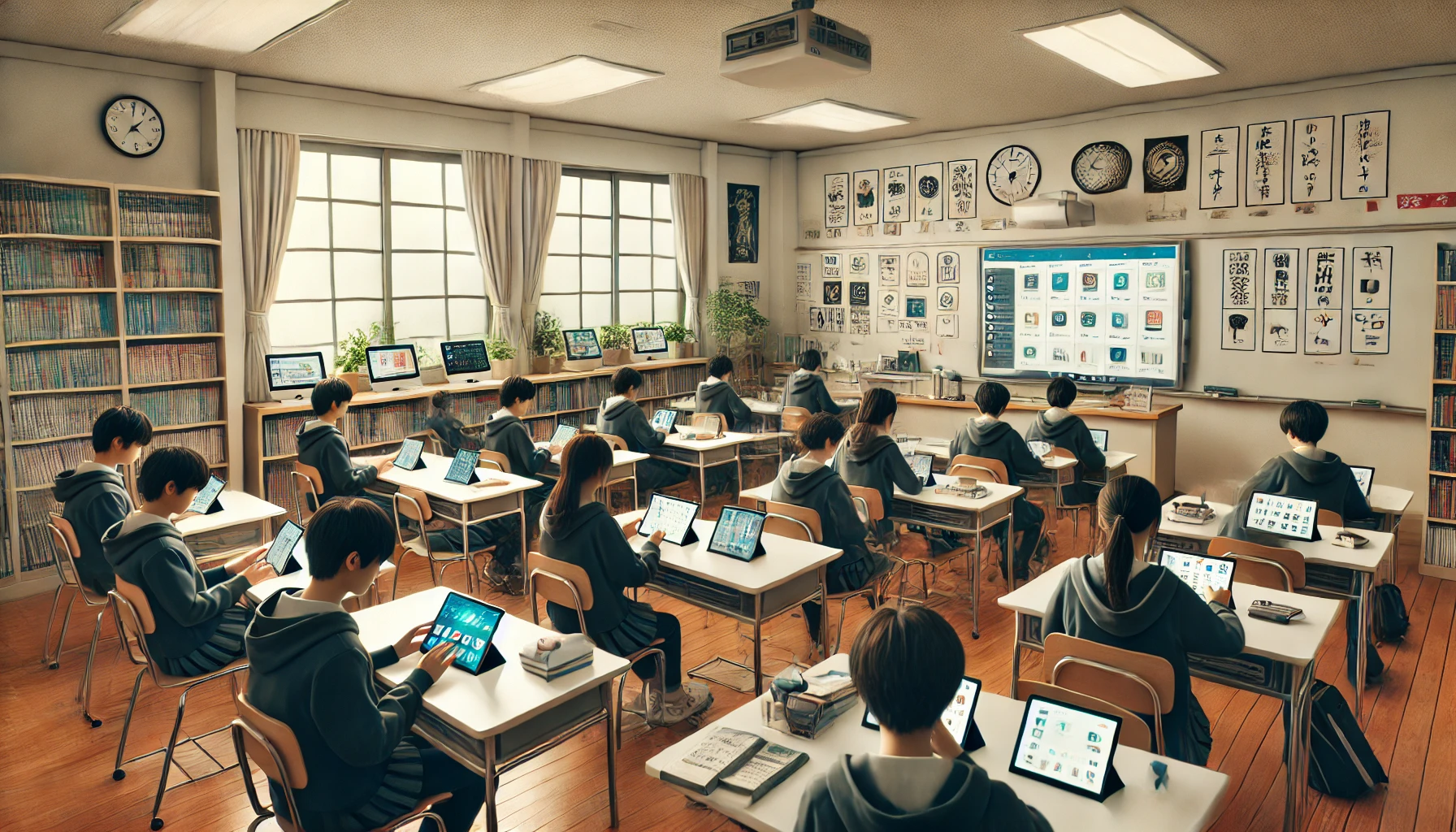 A-modern-classroom-in-a-Japanese-middle-school-equipped-with-digital-devices-like-tablets-and-laptops-on-the-desks