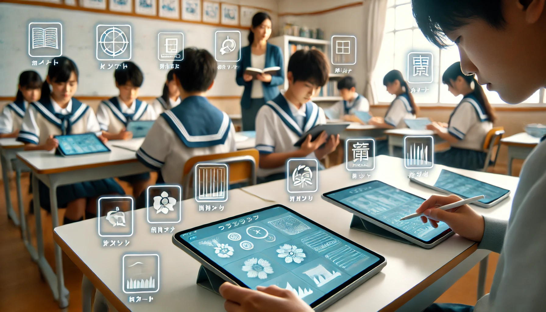 A-modern-Japanese-classroom-focusing-on-digital-textbooks-with-close-up-shots-of-tablets-showing-educational-content