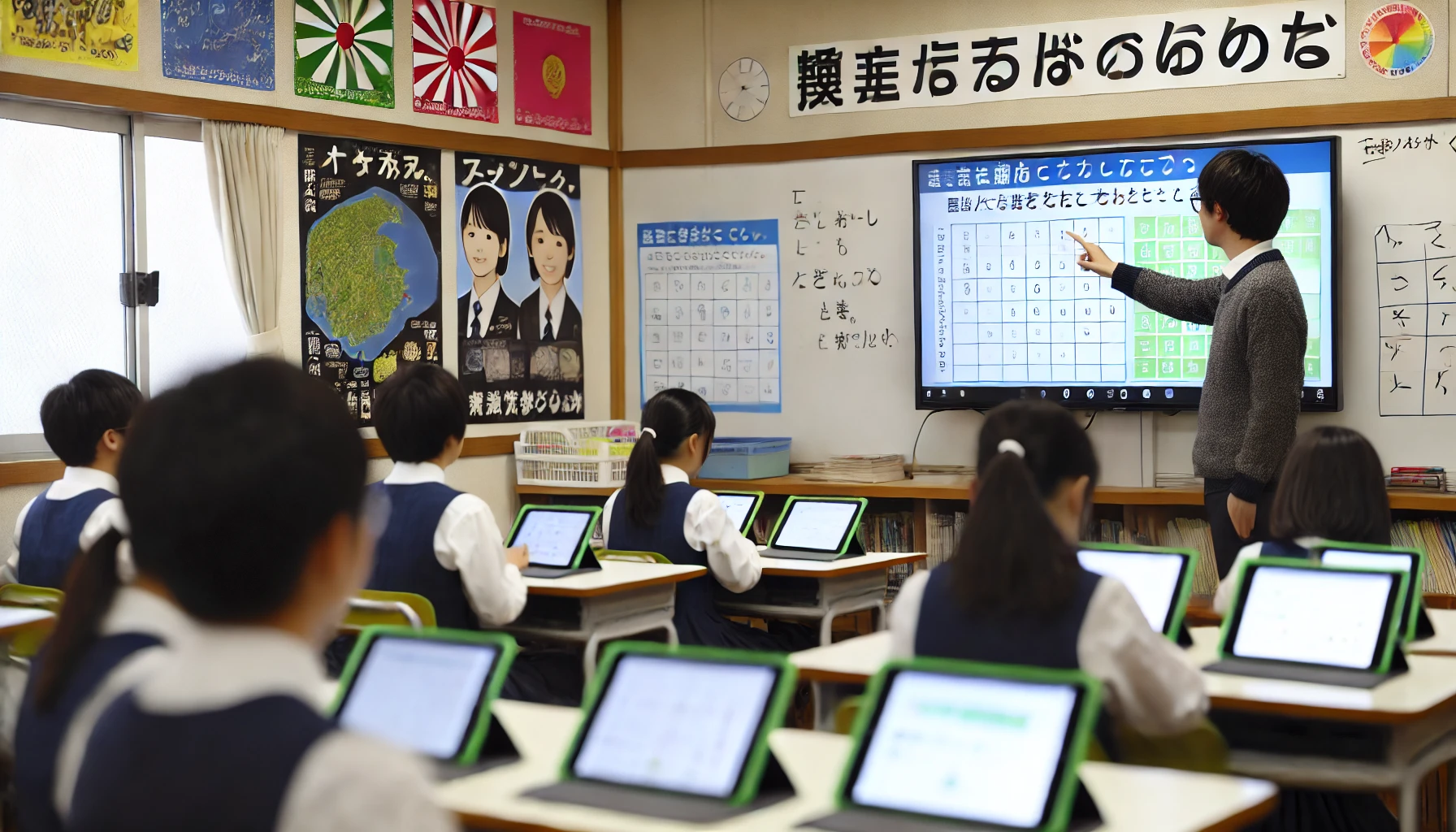 A-Japanese-classroom-with-students-using-digital-textbooks-on-tablets.-The-teacher-is-pointing-to-a-large-digital-screen-displaying-a-math-lesson