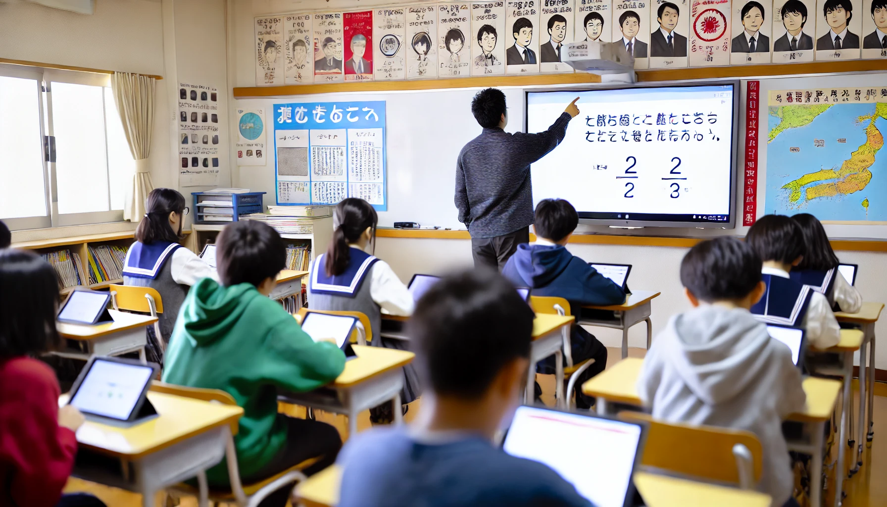 A-Japanese-classroom-with-students-using-digital-textbooks-on-tablets.-The-teacher-is-pointing-to-a-large-digital-screen-displaying-a-math-lesson