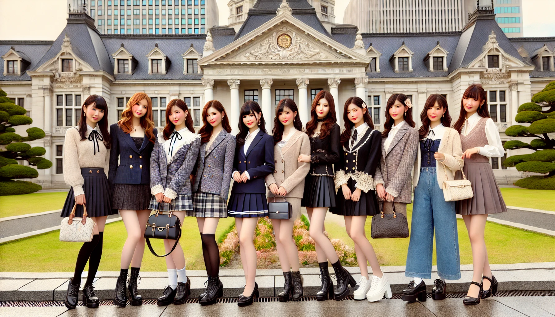 A-group-of-stylish-and-elegant-Japanese-female-students-known-for-their-ojou-sama-elite-demeanor-standing-in-front-of-a-prestigious-womens-university