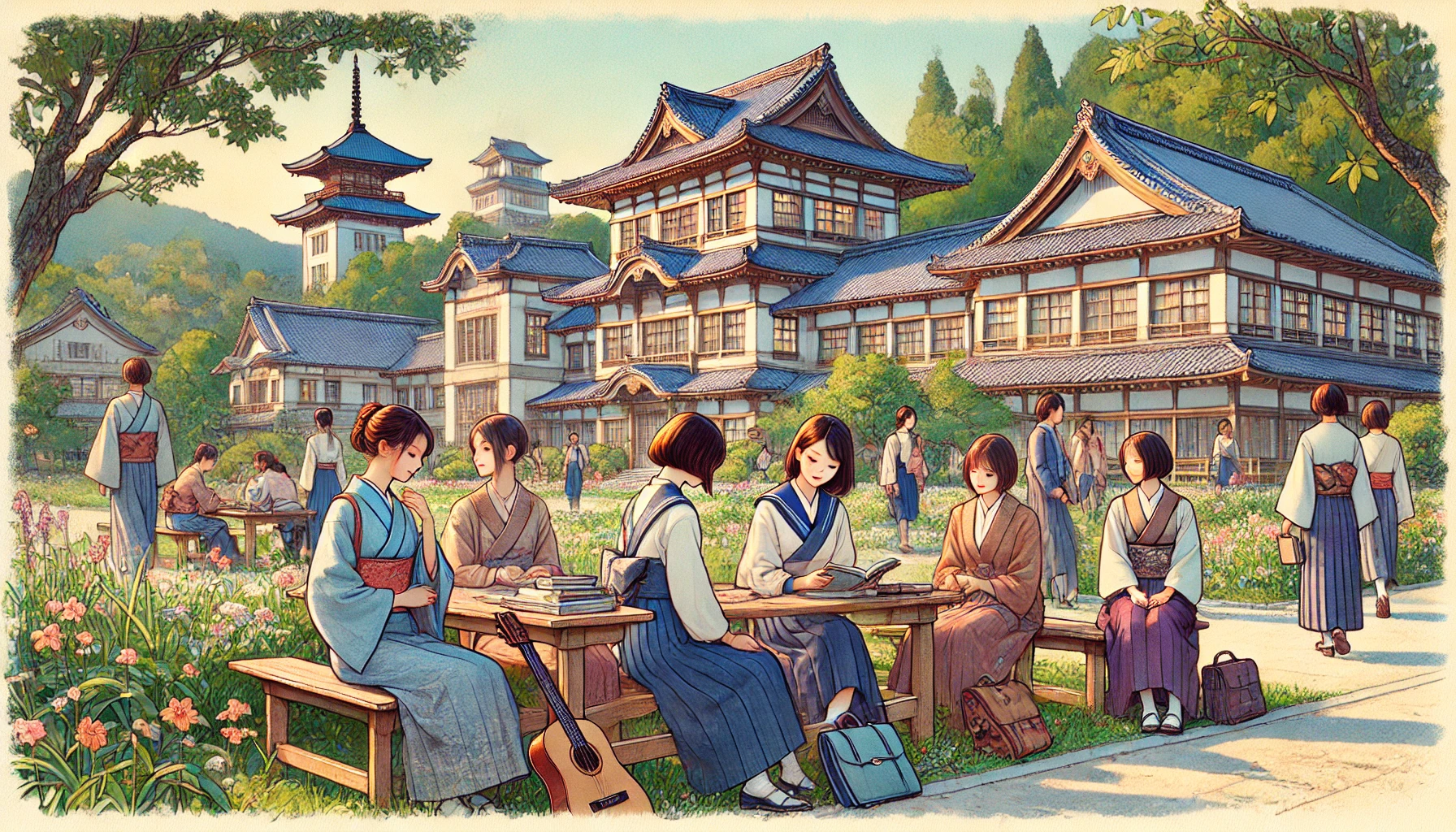 A-group-of-Japanese-female-students-on-the-campus-of-a-prestigious-womens-university-known-for-its-ojou-sama-elite-status