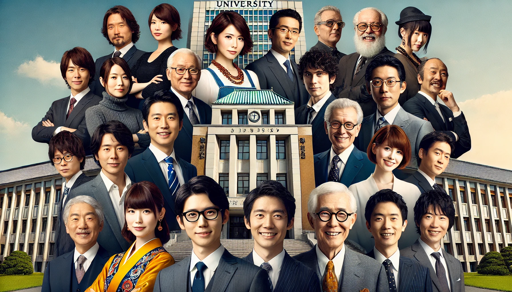 A collection of famous Japanese personalities and celebrities posing together, set against a backdrop of a prestigious university building. The individuals reflect diverse fields such as media, academia, and entertainment, emphasizing the high social and professional status of the university's graduates.