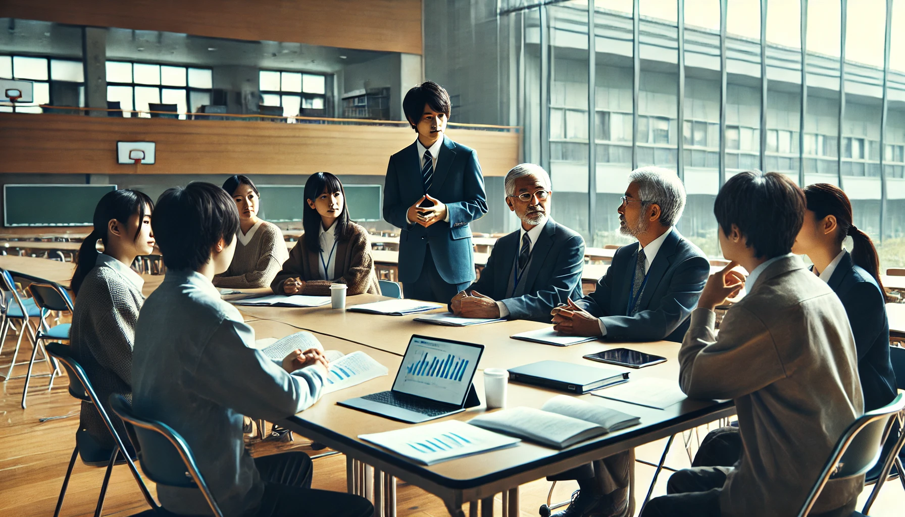 A Japanese school principal and teachers having a meeting in a modern conference room, discussing the revision of school policies to address student concerns about the grading system. The atmosphere is serious but hopeful, with documents and laptops on the table, and a large window in the background showing a view of the school grounds.