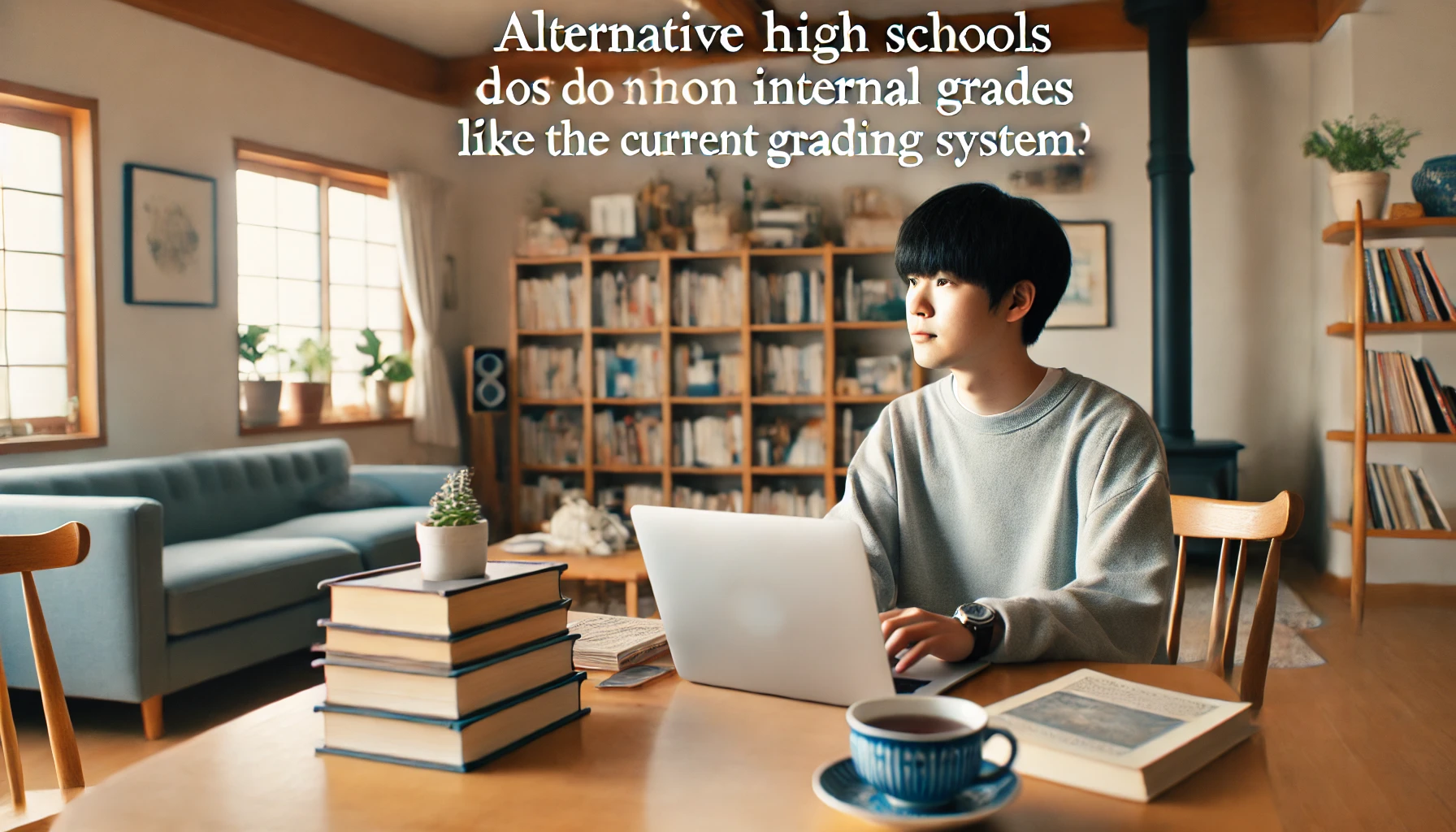 A Japanese student sitting at home, working on a laptop, researching alternative high schools that do not focus on internal grades like the current grading system. The setting is a cozy, modern living room with a bookshelf and a cup of tea on the table, showing a relaxed but focused atmosphere.