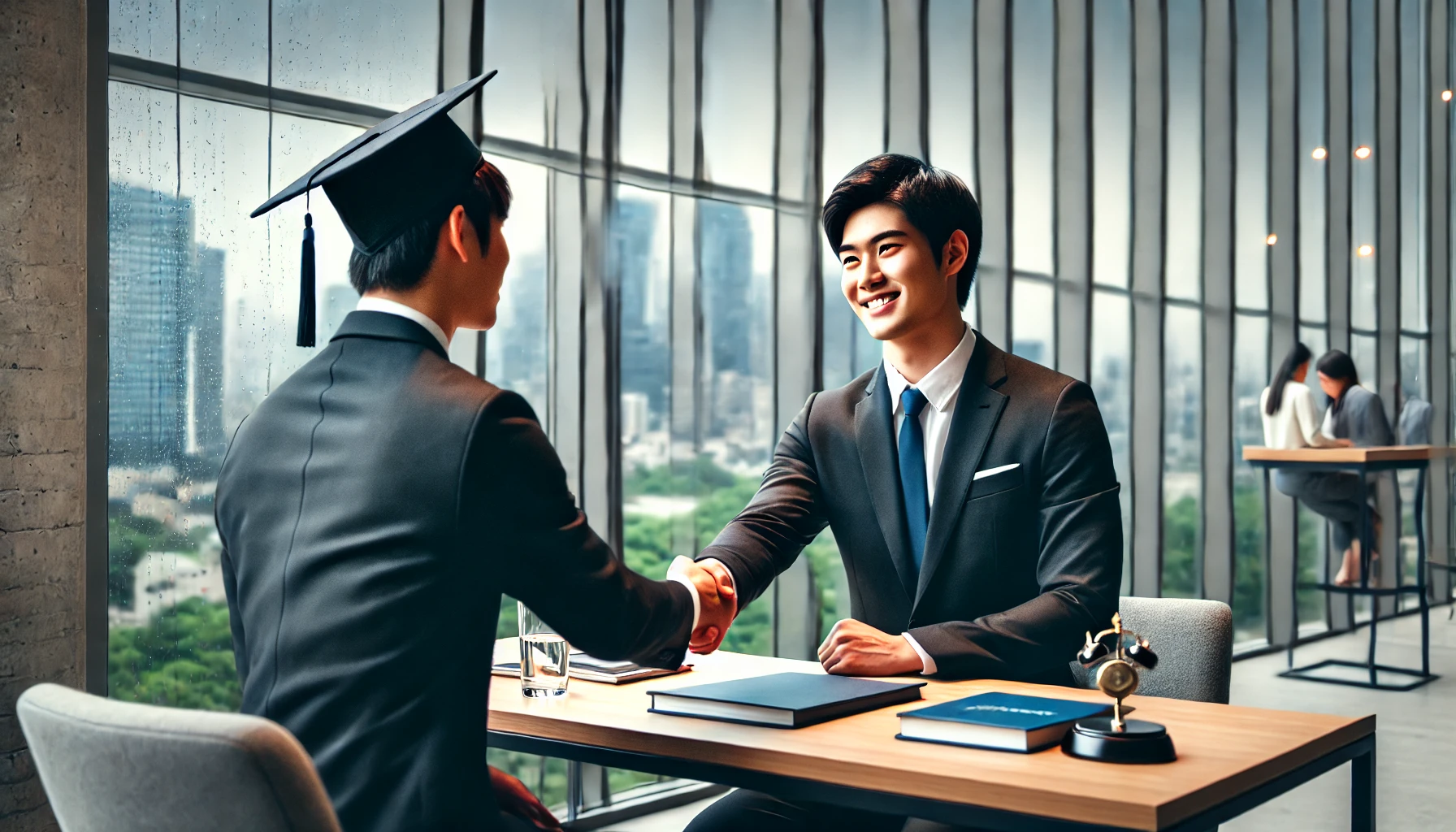 A successful university graduate shaking hands with an employer during a job interview at a prestigious financial company. The setting includes a modern office with floor-to-ceiling windows overlooking the city. The atmosphere is professional and optimistic, representing high employment success rates after graduation, with the graduate showing confidence and professionalism. Both the graduate and employer are Japanese.