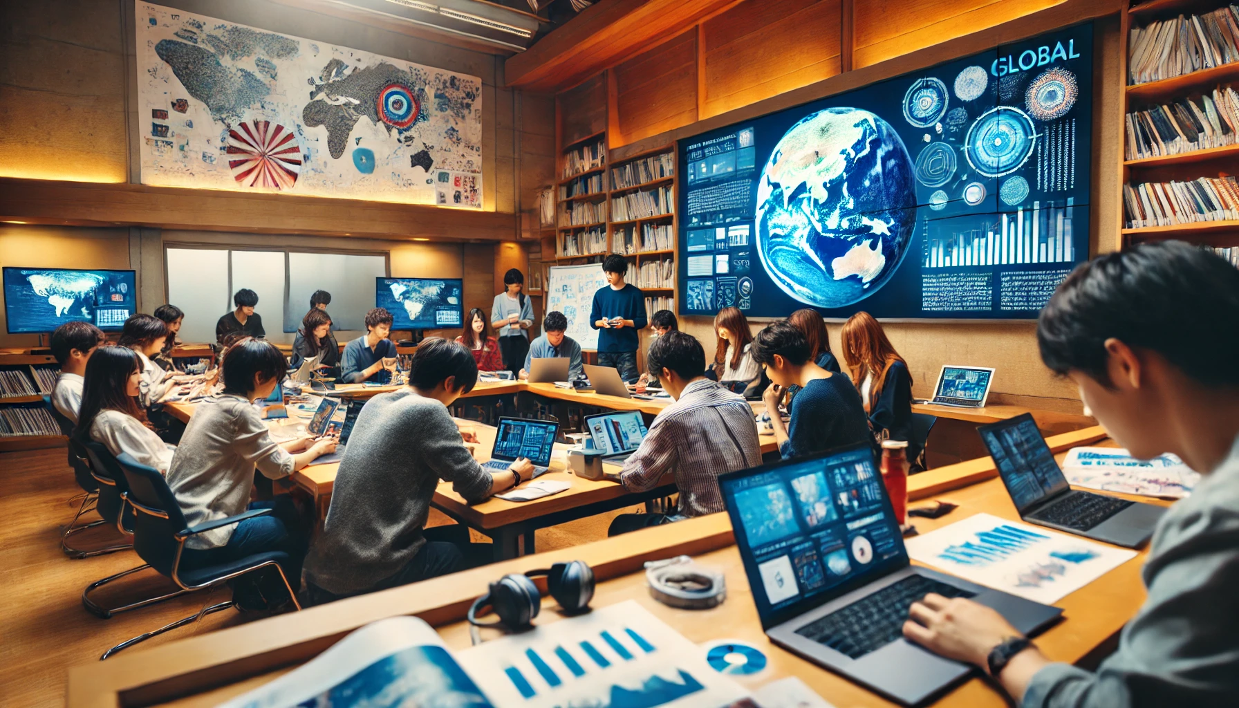 A university program with a focus on international relations and global studies, showing a classroom environment with Japanese and international students collaborating on projects. Modern technology such as laptops and screens are visible, and educational materials reflect global themes. The atmosphere is one of intellectual engagement and multicultural interaction.