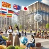 A modern university campus with a focus on global education, featuring diverse students in an outdoor setting discussing ideas, with modern academic buildings in the background. The campus has international flags and symbols of different countries. The atmosphere reflects a commitment to nurturing globally minded leaders. Japanese students are present, engaging in conversation.