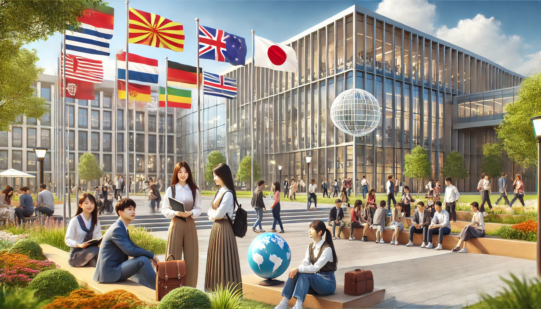 A modern university campus with a focus on global education, featuring diverse students in an outdoor setting discussing ideas, with modern academic buildings in the background. The campus has international flags and symbols of different countries. The atmosphere reflects a commitment to nurturing globally minded leaders. Japanese students are present, engaging in conversation.