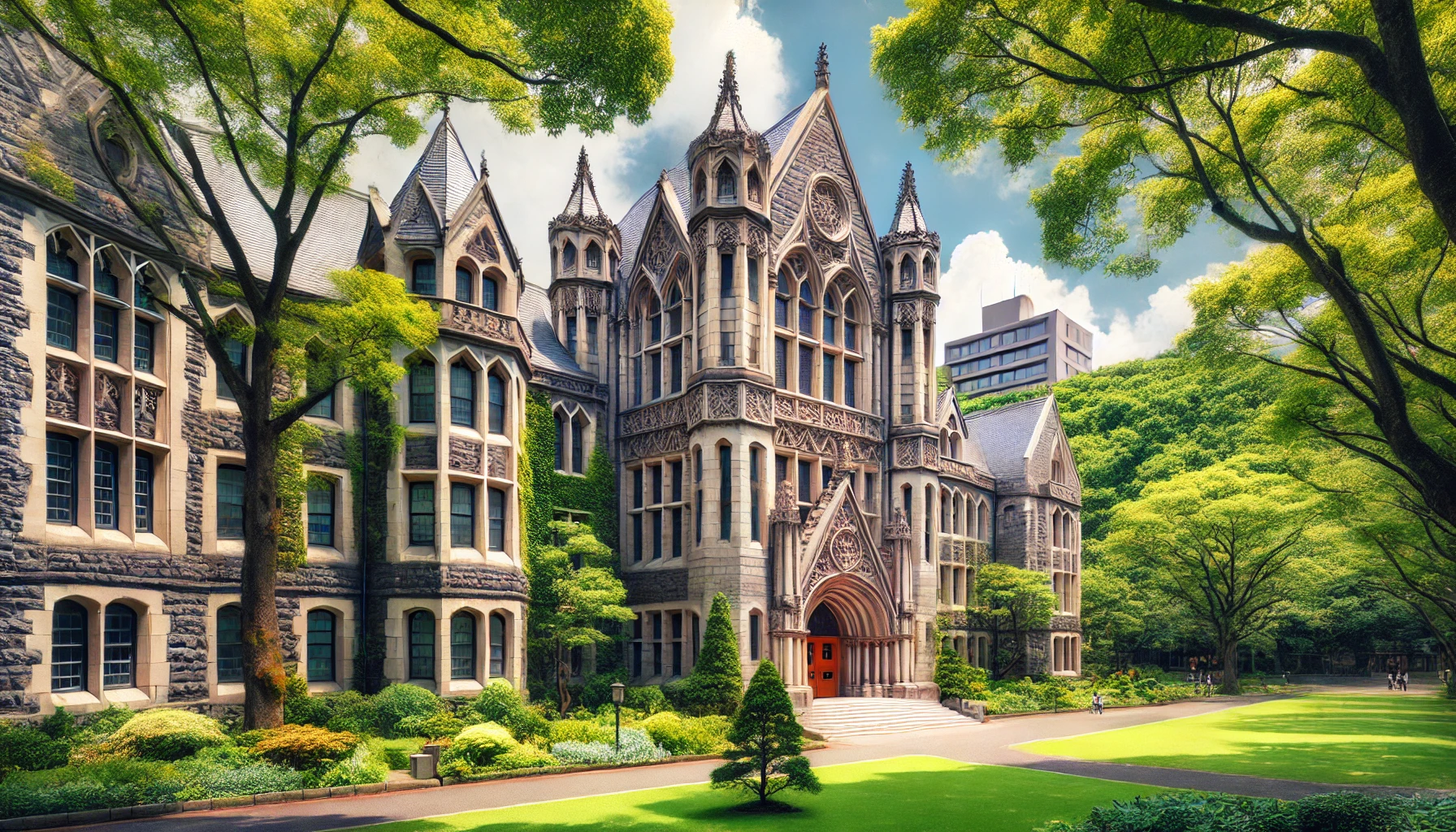 A beautiful university campus with Gothic-style architecture surrounded by lush greenery, featuring elegant stone buildings with tall arches and detailed facades, set in a serene, park-like environment. The trees are full and green, with well-maintained lawns and pathways. A peaceful, academic atmosphere with a few Japanese students in the distance.