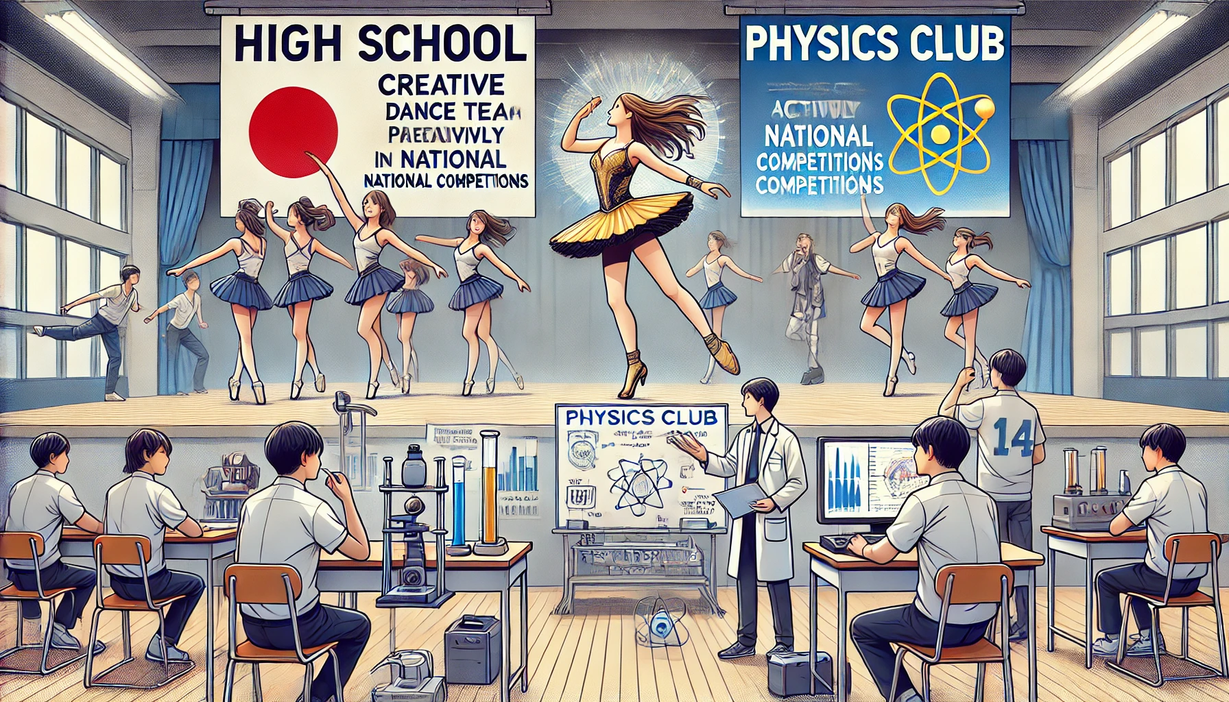 A high school featuring a creative dance team and a physics club actively participating in national competitions. The dance team is shown practicing on stage, while the physics club is working with scientific equipment. The background includes school banners highlighting their achievements, and the setting is a modern Japanese school gymnasium.