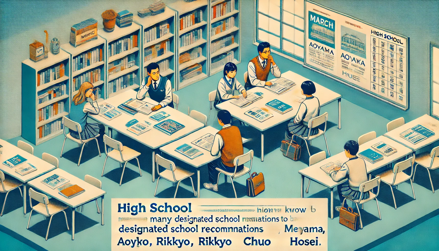 A high school known for having many designated school recommendations to prestigious universities like MARCH (Meiji, Aoyama, Rikkyo, Chuo, Hosei). The image features students discussing their future studies, sitting around tables with study materials and university brochures. The setting is a modern Japanese high school classroom, with a calm and focused atmosphere.