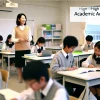 A high school that is designated as an academic advancement school, focusing on rigorous education. The image shows students in a modern Japanese classroom, working diligently on assignments, with a teacher guiding them. The classroom has a focus on technology and innovation, with students using laptops and modern tools for learning.