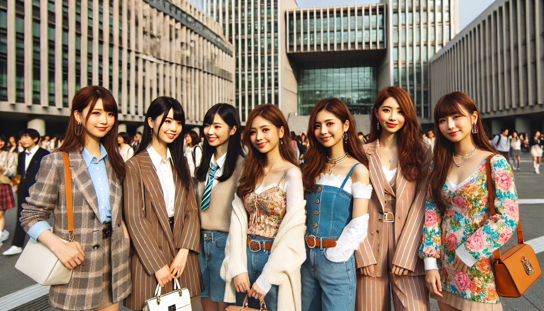 A group of Japanese female students with fashionable clothing and stylish accessories, standing in front of a modern university building. The students are smiling and chatting, their appearance reflects a sense of elegance and trendiness. The environment is vibrant and represents a high-class social setting.