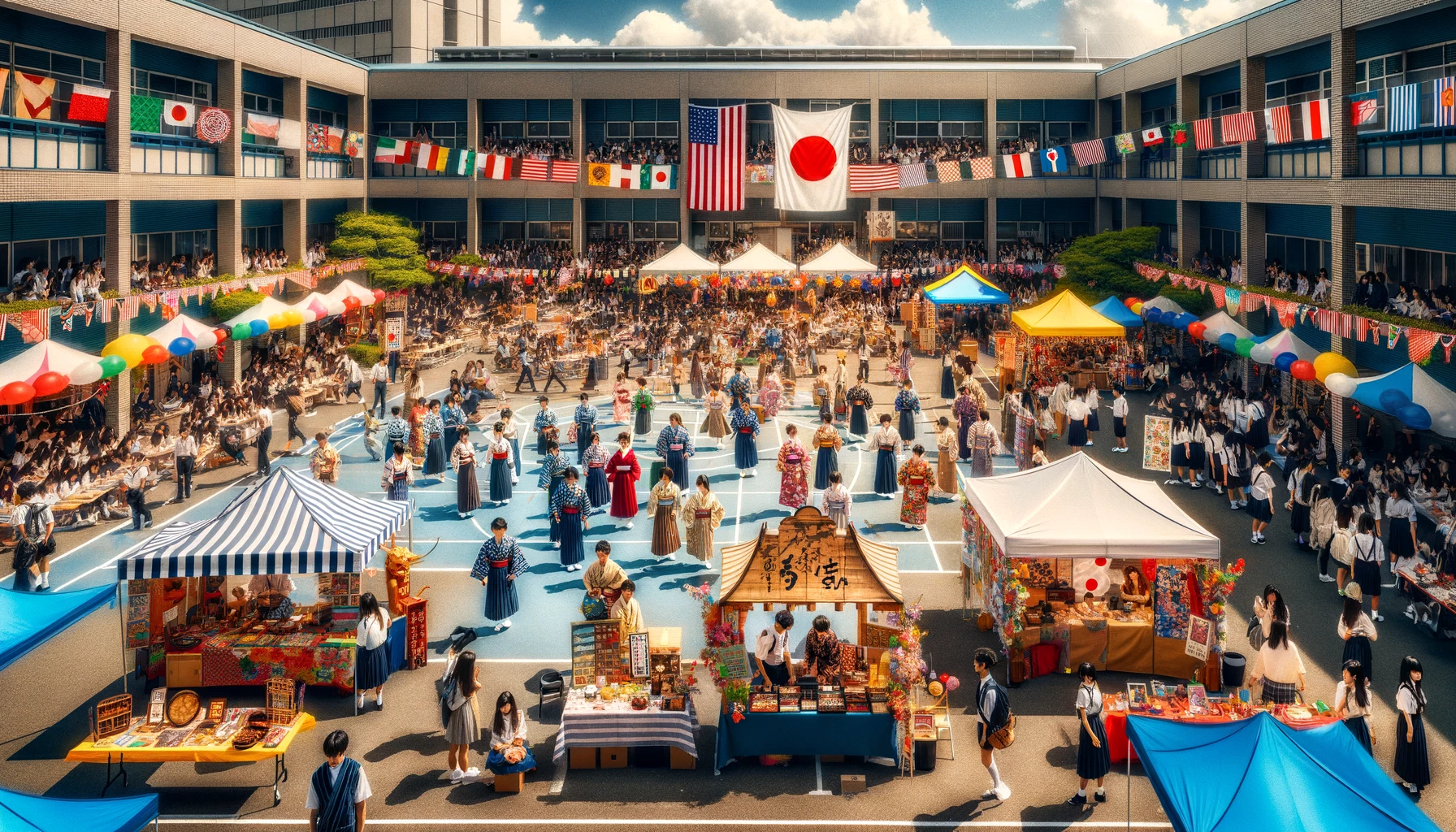 A vibrant cultural festival at a Japanese high school, featuring colorful booths, student performances, and international exchange events, in a lively atmosphere. The scene captures students in traditional attire and casual clothes enjoying the event, with flags and cultural displays around. The setting is an outdoor schoolyard under a bright sky.