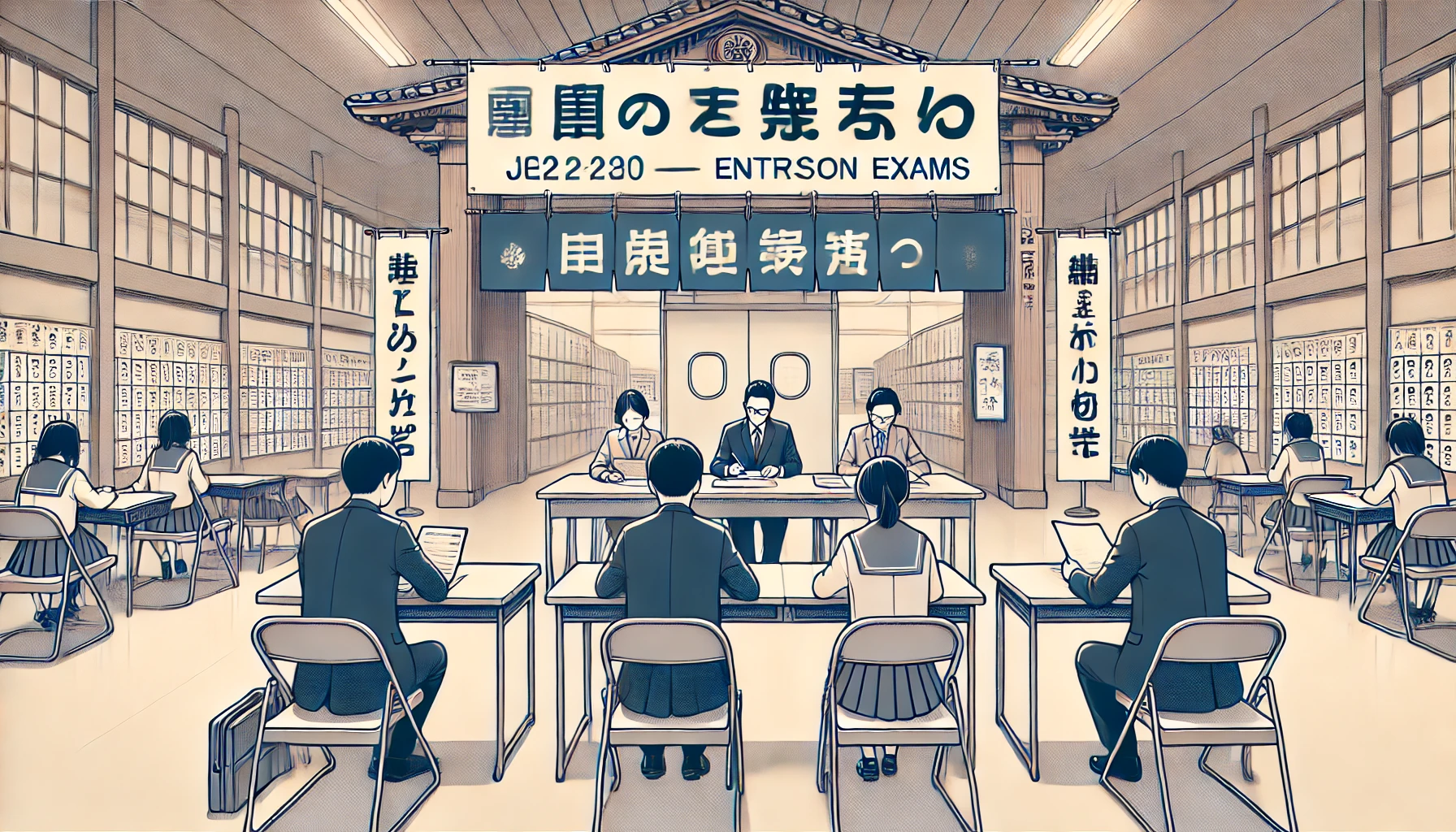 A clear scene of a Japanese high school admission interview or exam process, showing a formal setting with teachers reviewing applications and clear signage for entrance exams. The atmosphere reflects a structured and organized environment, with banners indicating the fairness and clarity of the selection criteria.