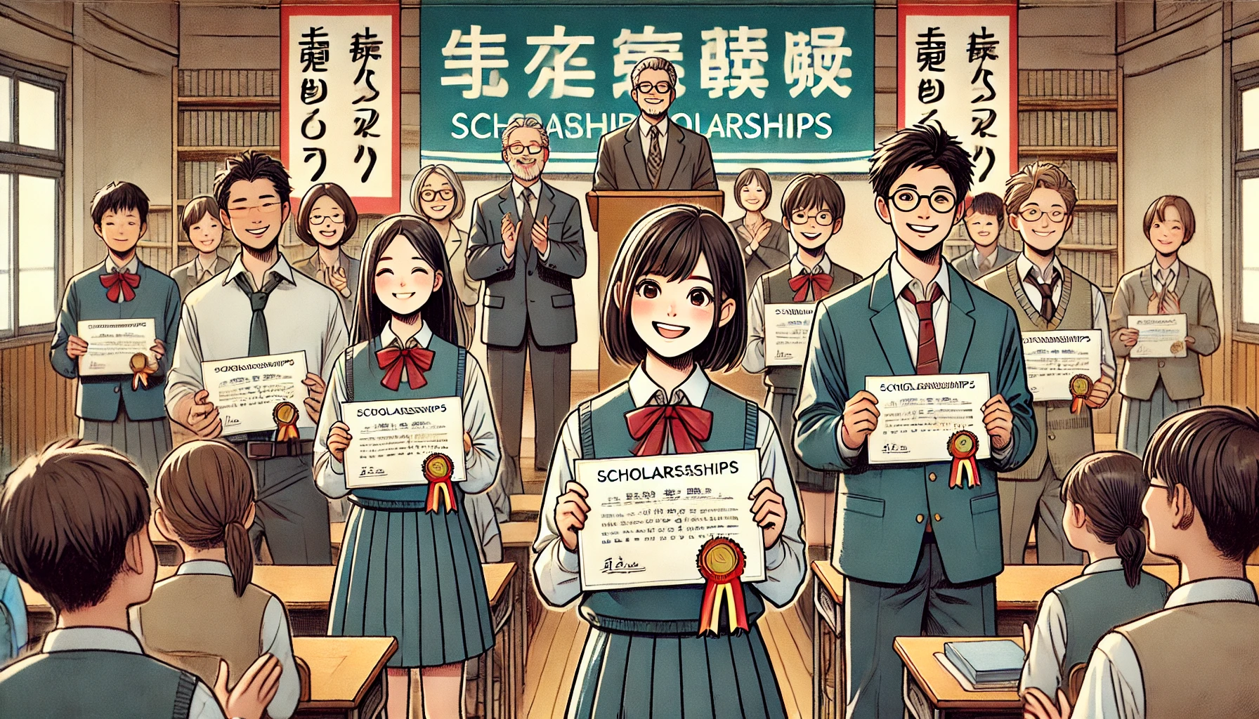 A scene at a Japanese high school where students are being awarded scholarships, showing certificates and smiles. The image reflects an academic setting with teachers and students, and the atmosphere emphasizes support and recognition of excellence, with banners or signs indicating scholarship awards.