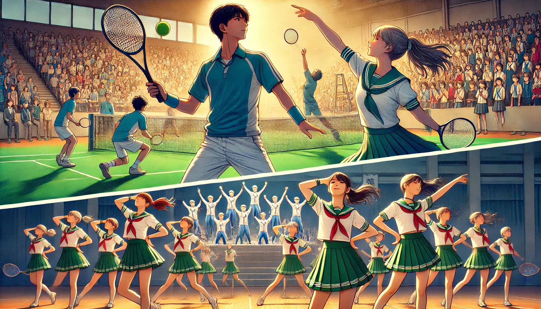 A Japanese high school sports scene featuring a tennis competition and a dance drill team performance. The image shows students in action, with tennis players on the court and the dance team performing energetically. The atmosphere is dynamic, highlighting the school's athletic achievements.