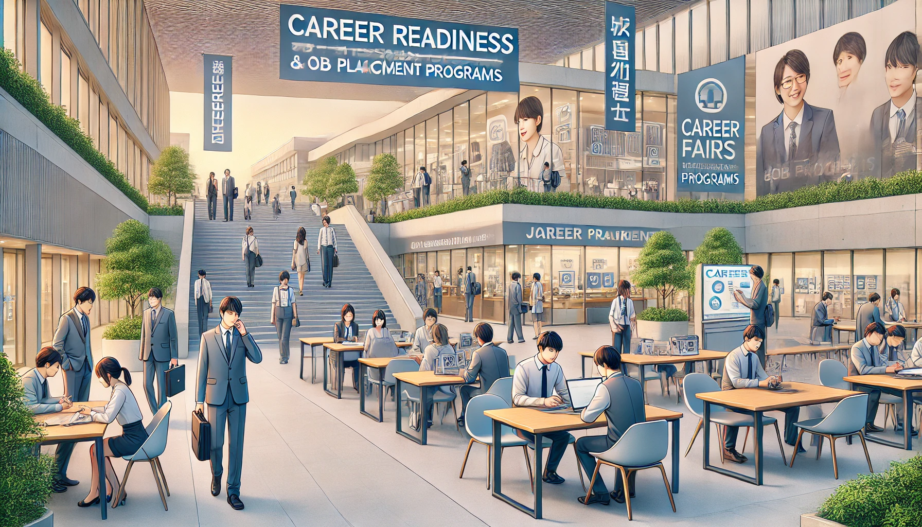 A Japanese university campus highlighting career-focused programs. The image shows students preparing for interviews, attending career fairs, and interacting with company representatives. The campus has banners promoting career readiness and job placement programs. The environment reflects a focus on helping students transition successfully from academics to professional careers, with modern facilities and support systems in place.