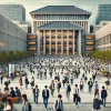 A modern Japanese university campus bustling with students. The scene captures a large, well-maintained academic building with students walking around. The atmosphere is lively and academic, with students carrying books, some sitting on benches, and others heading towards the building. The university is surrounded by greenery and the architecture blends modern and traditional styles. The scene reflects a highly sought-after educational institution, known for attracting students from top schools.