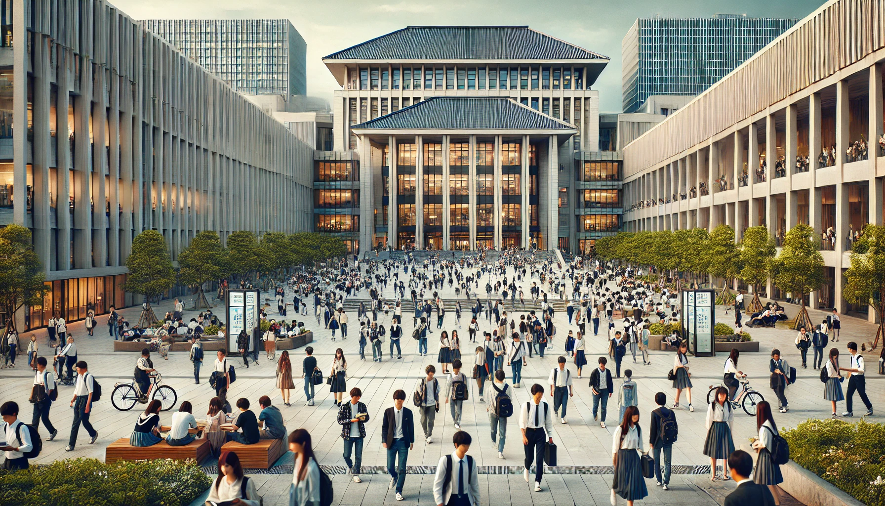 A modern Japanese university campus bustling with students. The scene captures a large, well-maintained academic building with students walking around. The atmosphere is lively and academic, with students carrying books, some sitting on benches, and others heading towards the building. The university is surrounded by greenery and the architecture blends modern and traditional styles. The scene reflects a highly sought-after educational institution, known for attracting students from top schools.