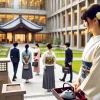 An elegant and refined Japanese university campus with well-dressed female students, reflecting an atmosphere of decorum and politeness. The setting is peaceful with modern, clean architecture and beautifully manicured gardens. The students are interacting respectfully, displaying traditional Japanese values of politeness and grace.