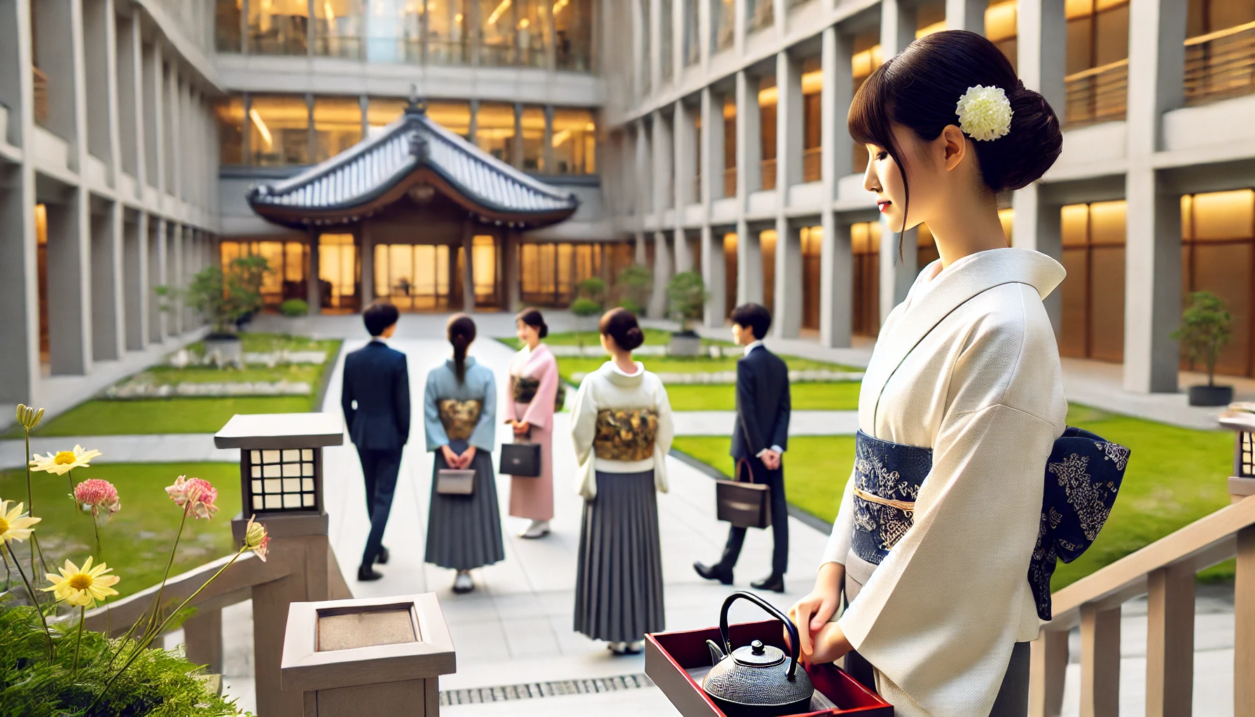 An elegant and refined Japanese university campus with well-dressed female students, reflecting an atmosphere of decorum and politeness. The setting is peaceful with modern, clean architecture and beautifully manicured gardens. The students are interacting respectfully, displaying traditional Japanese values of politeness and grace.