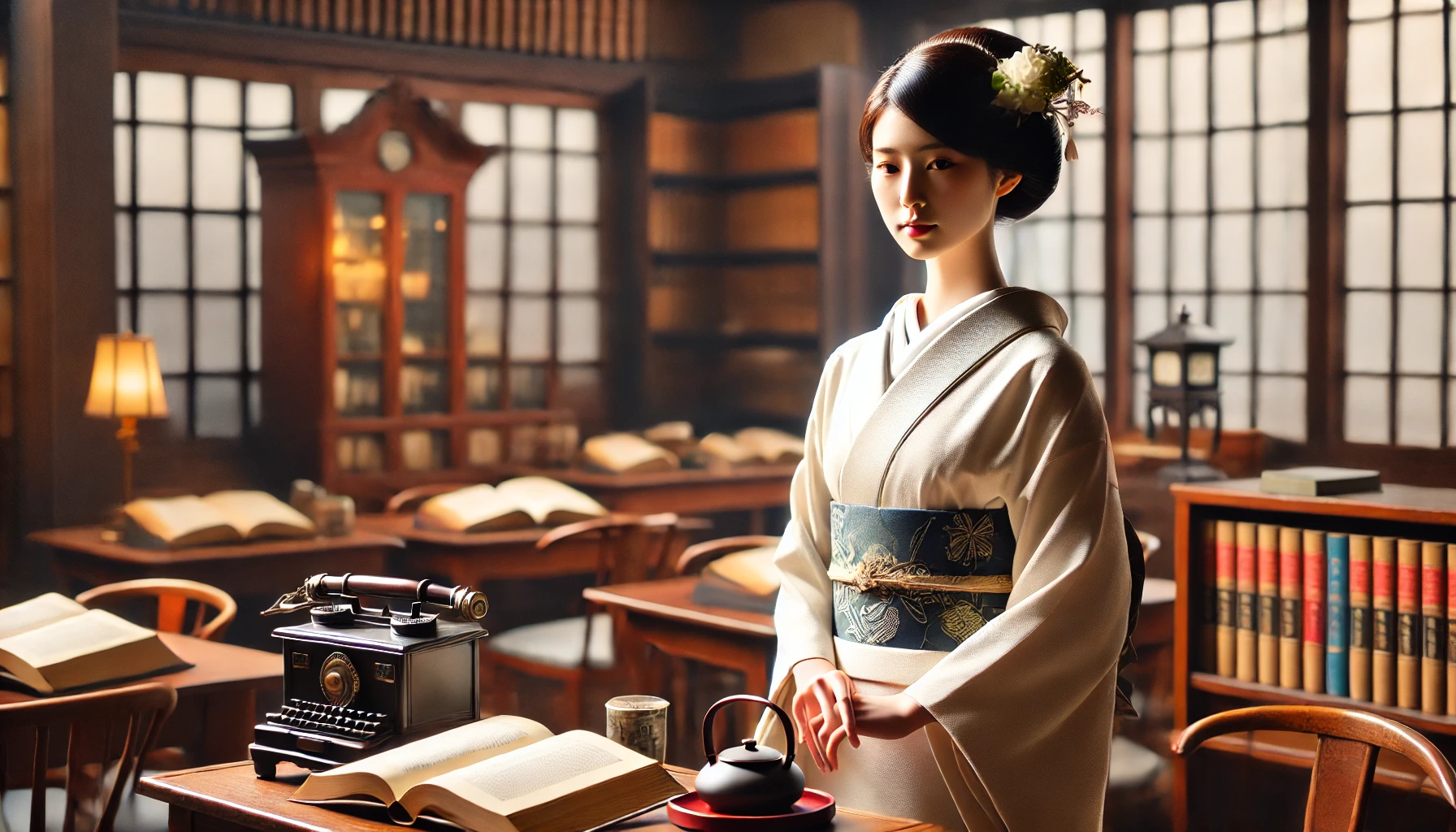 A traditional Japanese university scene focusing on an elegant female student in a classroom setting, surrounded by books and vintage furniture. The atmosphere conveys respect for tradition, with hints of classic Japanese aesthetics like wooden furniture and soft lighting. The student embodies grace and decorum, with a focus on learning and refinement.