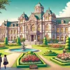 A prestigious university campus with elegant buildings and well-maintained gardens, representing a place where wealthy families send their children for education. The architecture is grand and sophisticated, reflecting the heritage of the university. There are a few Japanese students walking in the background.