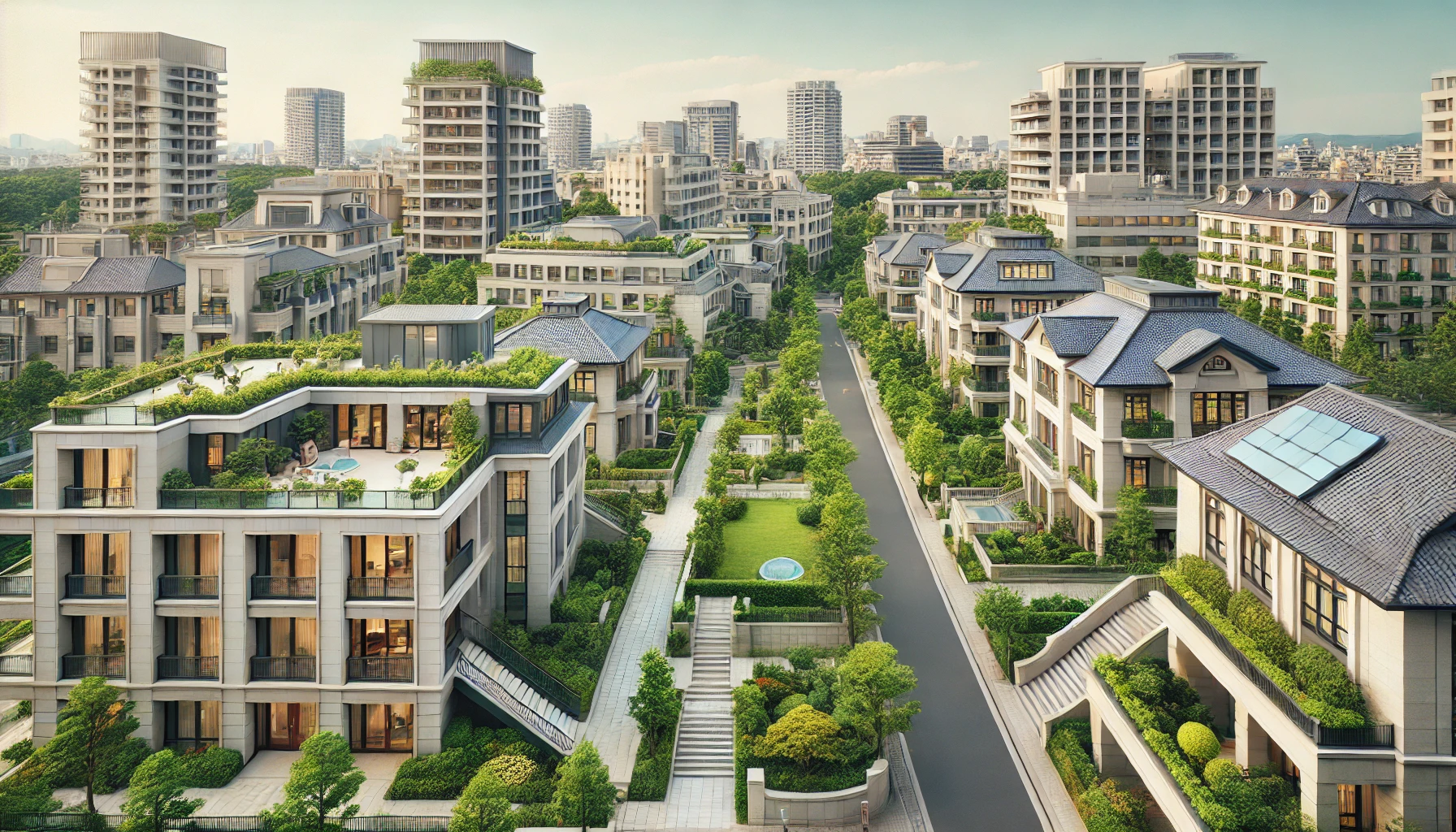 A beautiful Japanese university campus located in a high-end residential area, featuring elegant modern buildings and peaceful green spaces. The surroundings exude an upscale atmosphere, with well-maintained gardens, pathways, and upscale residential buildings visible in the distance. The architecture is clean and stylish, reflecting a prestigious university in Japan.