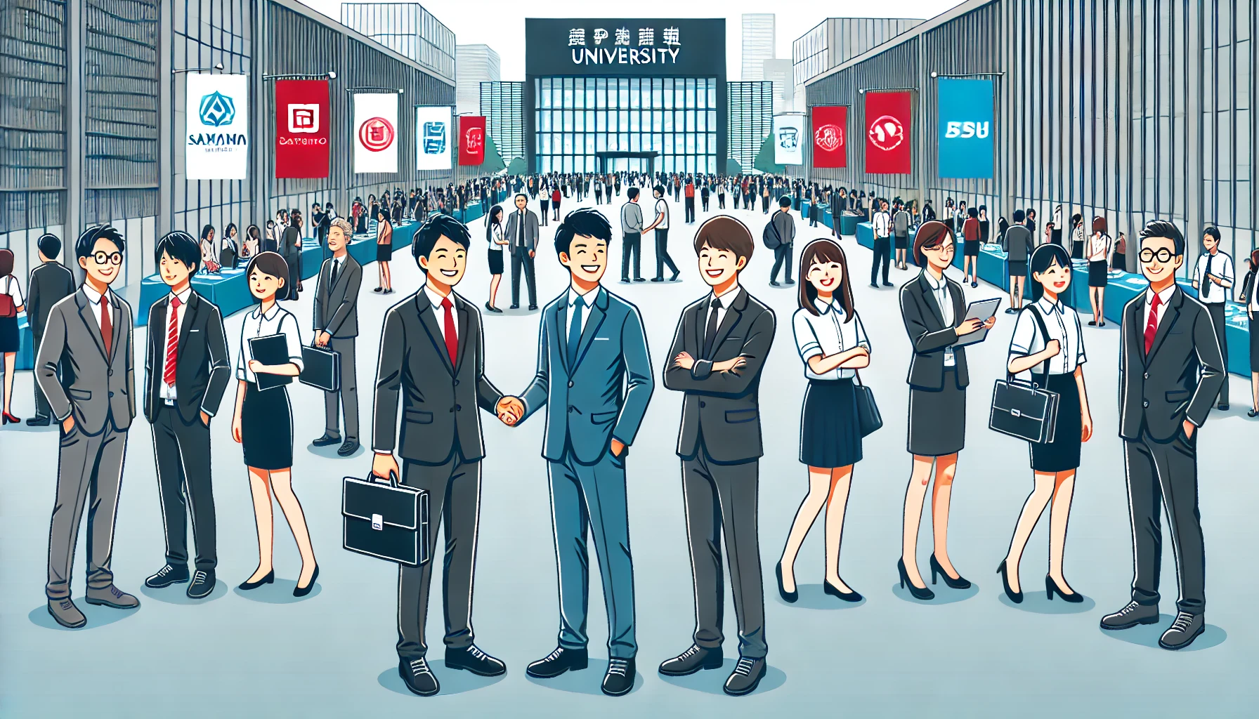 A scene at a prestigious Japanese university where graduates are seen happily attending a job recruitment fair. Many are wearing business attire, standing confidently and interacting with representatives from well-known companies. The background features modern university buildings and banners representing famous corporations.