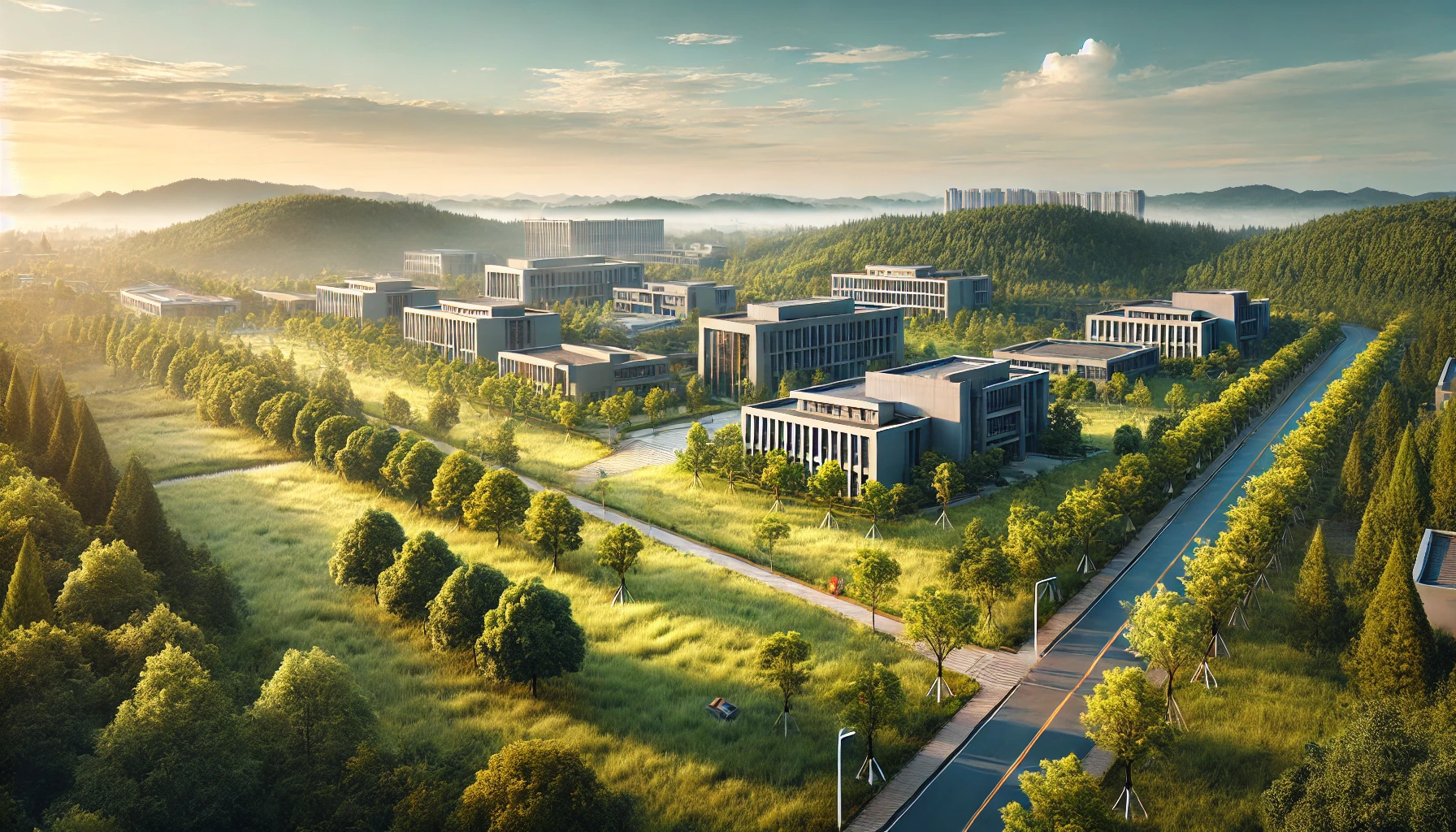 A large university campus surrounded by expansive nature, with trees, grassy fields, and a clear sky. The campus buildings are modern, and paths wind through the greenery, perfect for students to enjoy. The setting emphasizes a tranquil, scenic environment with no people in the frame.