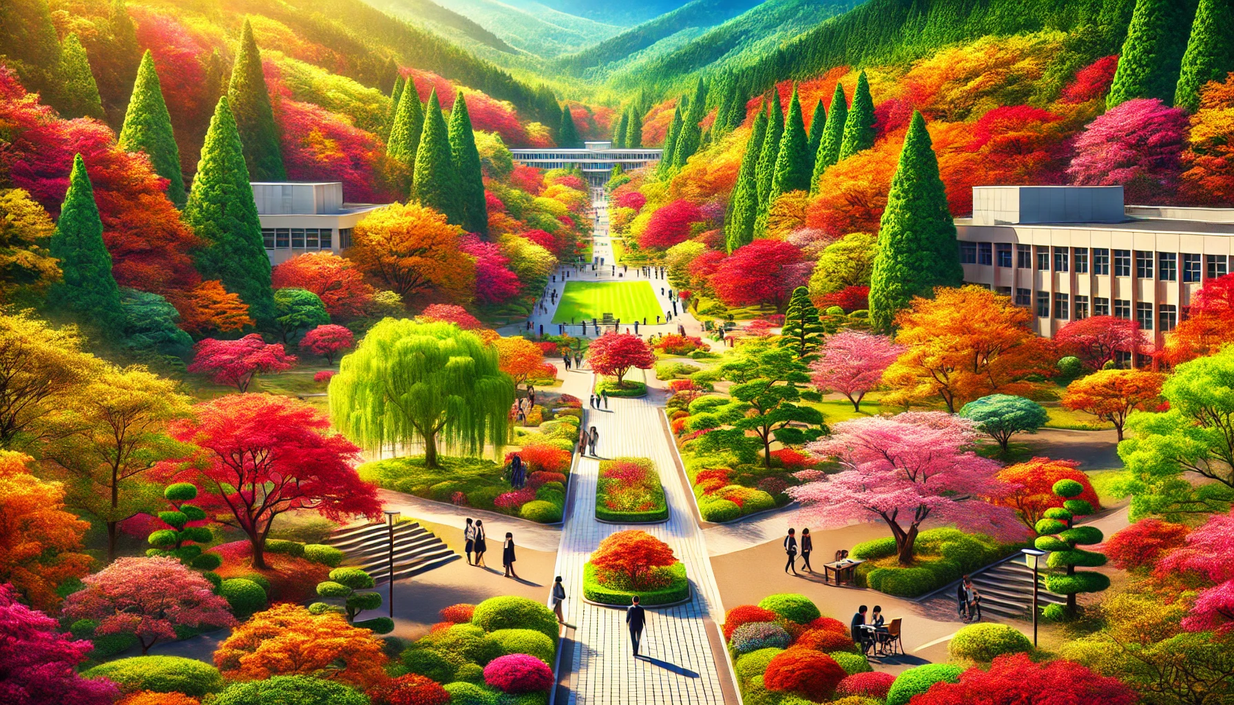 A university campus in Japan, surrounded by vibrant natural scenery with colorful trees and flowers, showcasing the beauty of all four seasons. The landscape includes clear paths for students to walk and study in a tranquil outdoor setting. The image captures the essence of studying in harmony with nature, with a few Japanese students walking and enjoying the serene environment.