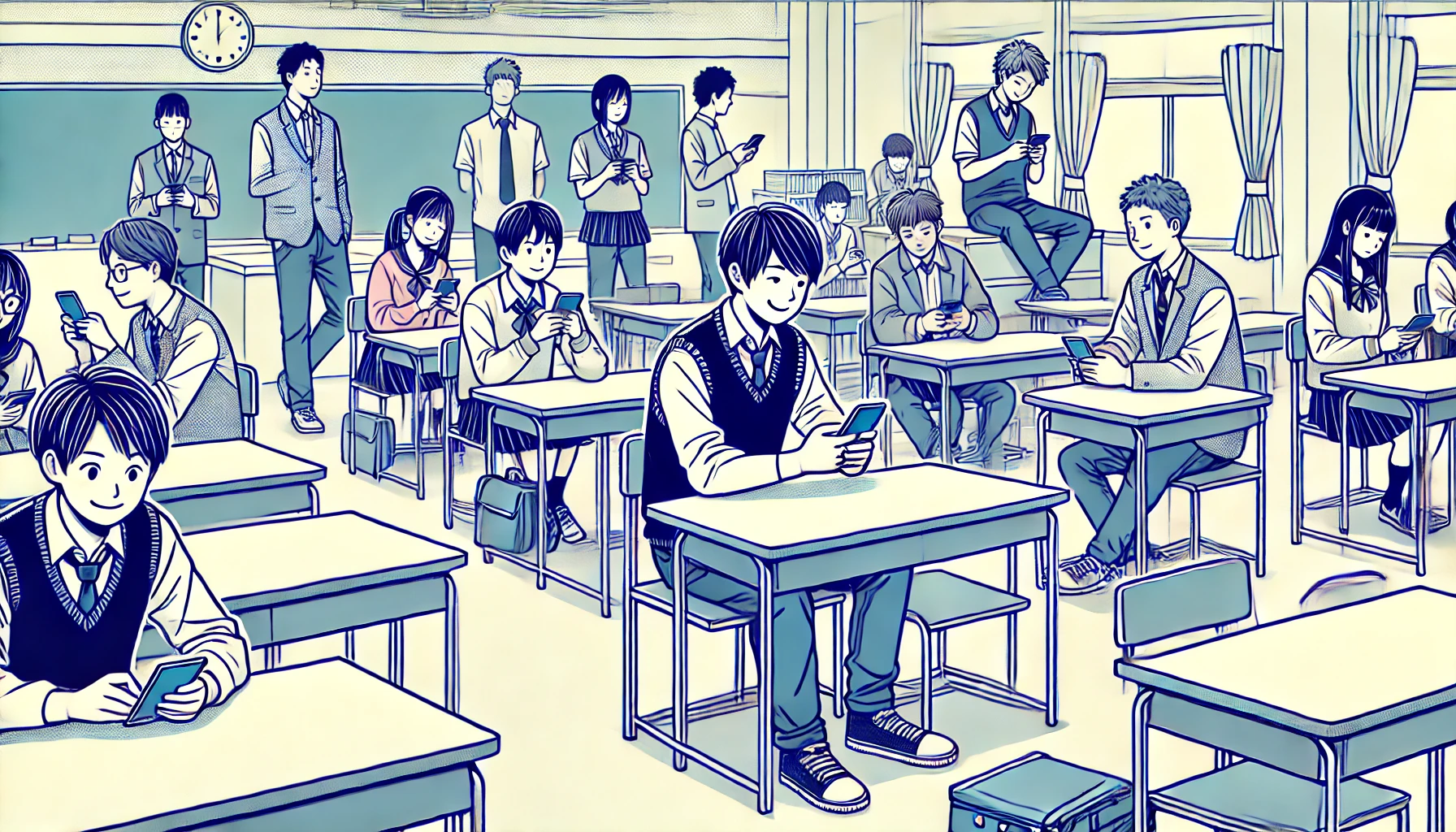 A Japanese high school with students using their smartphones during break time in a relaxed and free atmosphere. The scene is set in a modern classroom with desks and chairs scattered, some students chatting casually while others are using their phones. The mood is laid-back and cheerful, reflecting a school with lenient rules.