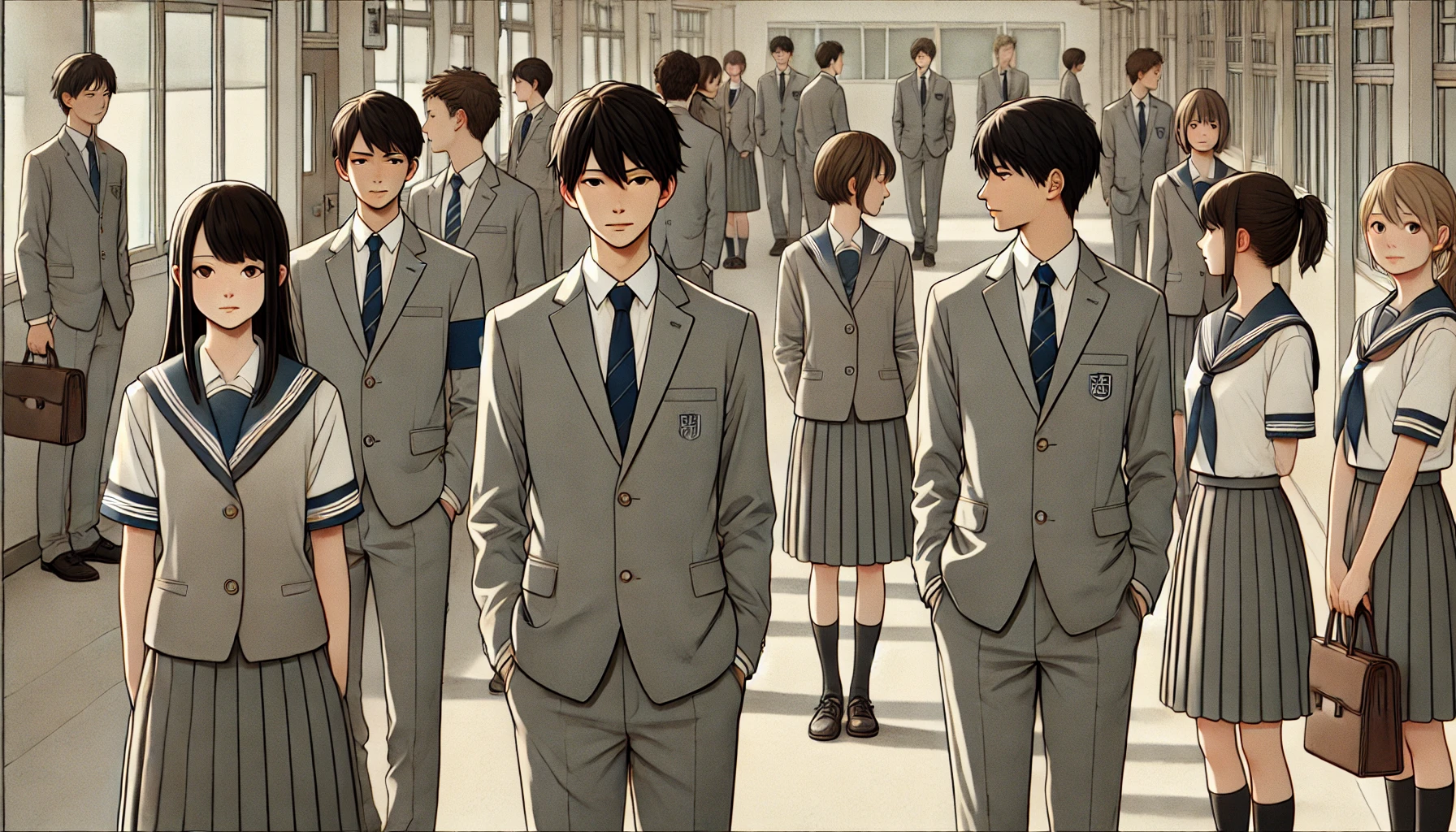 A Japanese high school with students in formal uniforms. The uniforms are simple and practical, with a subdued look, and some students standing in a hallway or courtyard looking a bit like office workers or job seekers, which leads to the comparison with 'job hunting attire.' The mood is neutral and the students are going about their day-to-day activities.