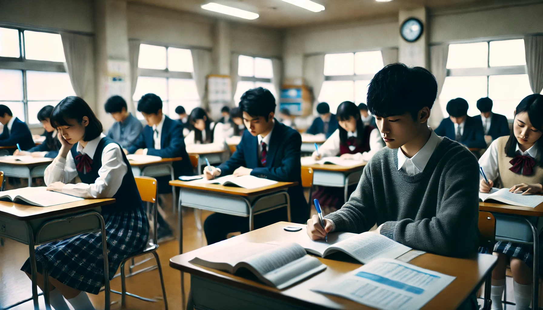 A scene of Japanese high school students studying in a classroom, highlighting their focus and dedication to academic success. The atmosphere reflects a serious and determined mood, with students working independently or in small groups. The setting emphasizes the importance of academics and preparing for university entrance exams.